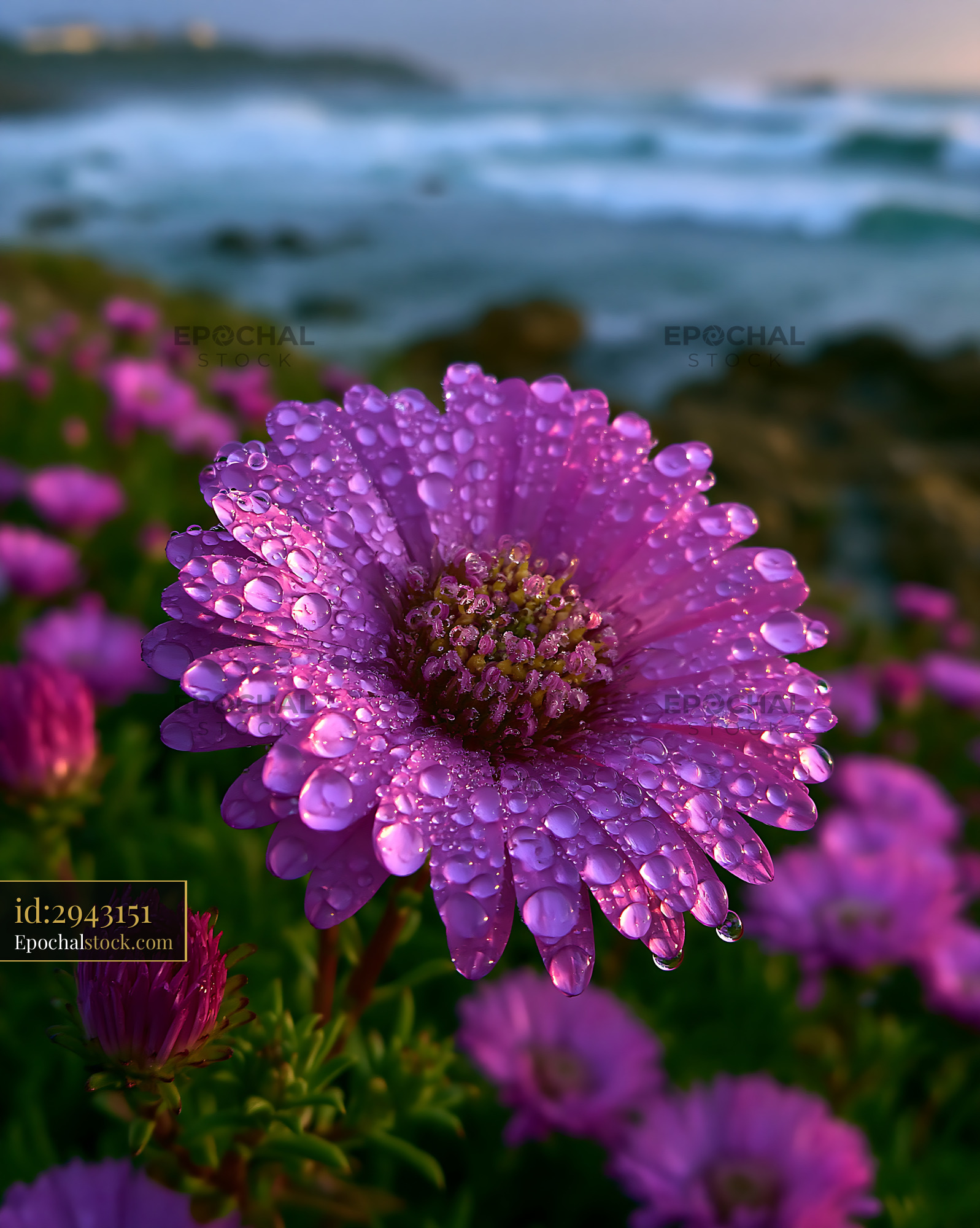 Watermarked full-resolution preview of Flower with water droplets near ocean waves