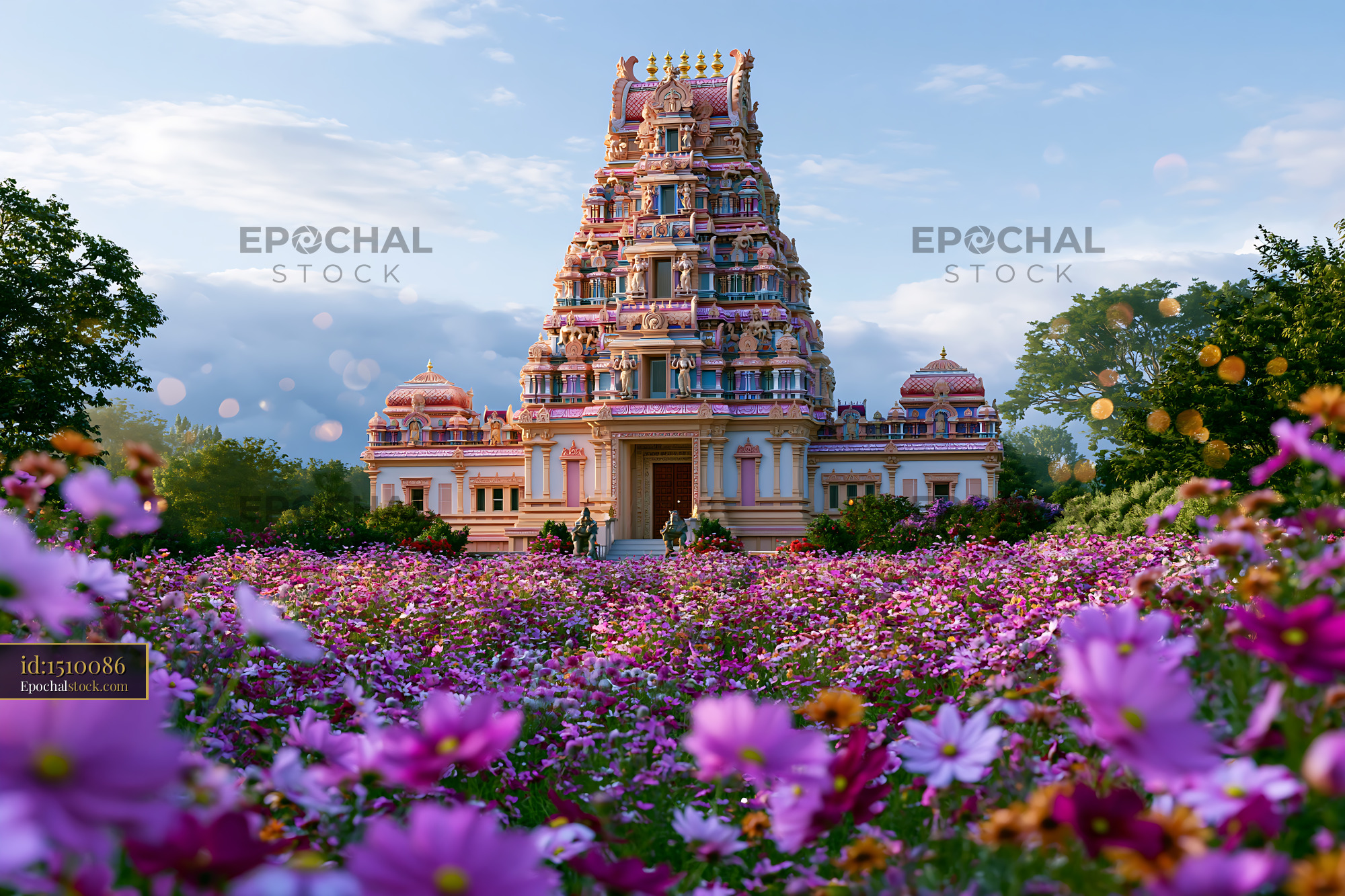Watermarked full-resolution preview of Beautiful temple with flowers in the foreground