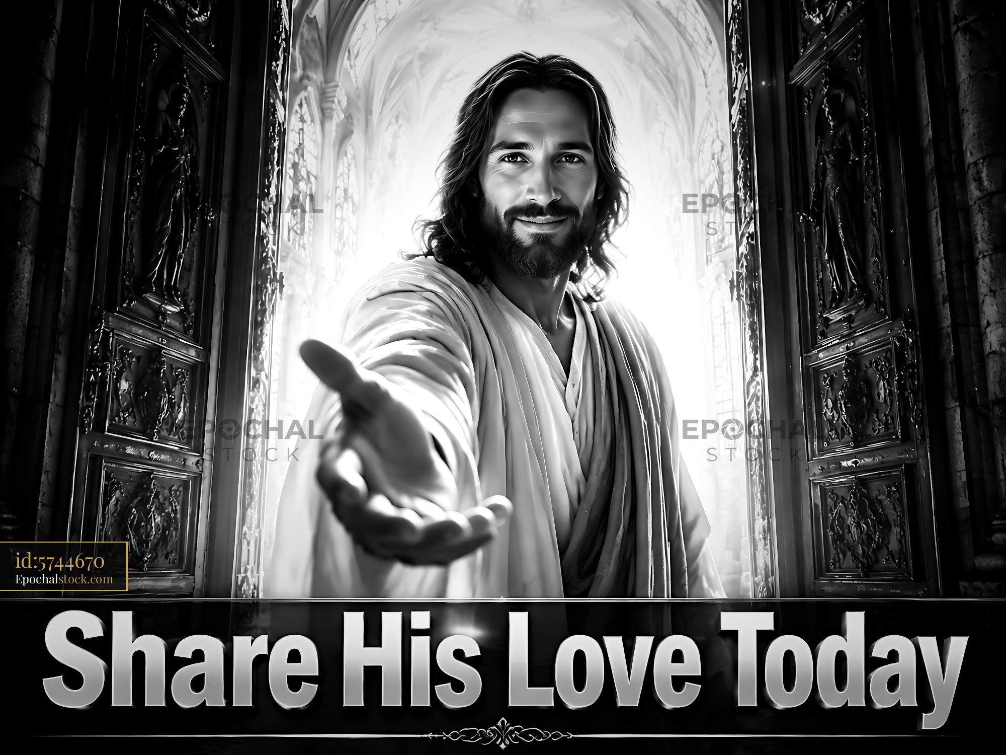 Jesus Offers His Hand to Share Love in a Sacred Space - stock photo