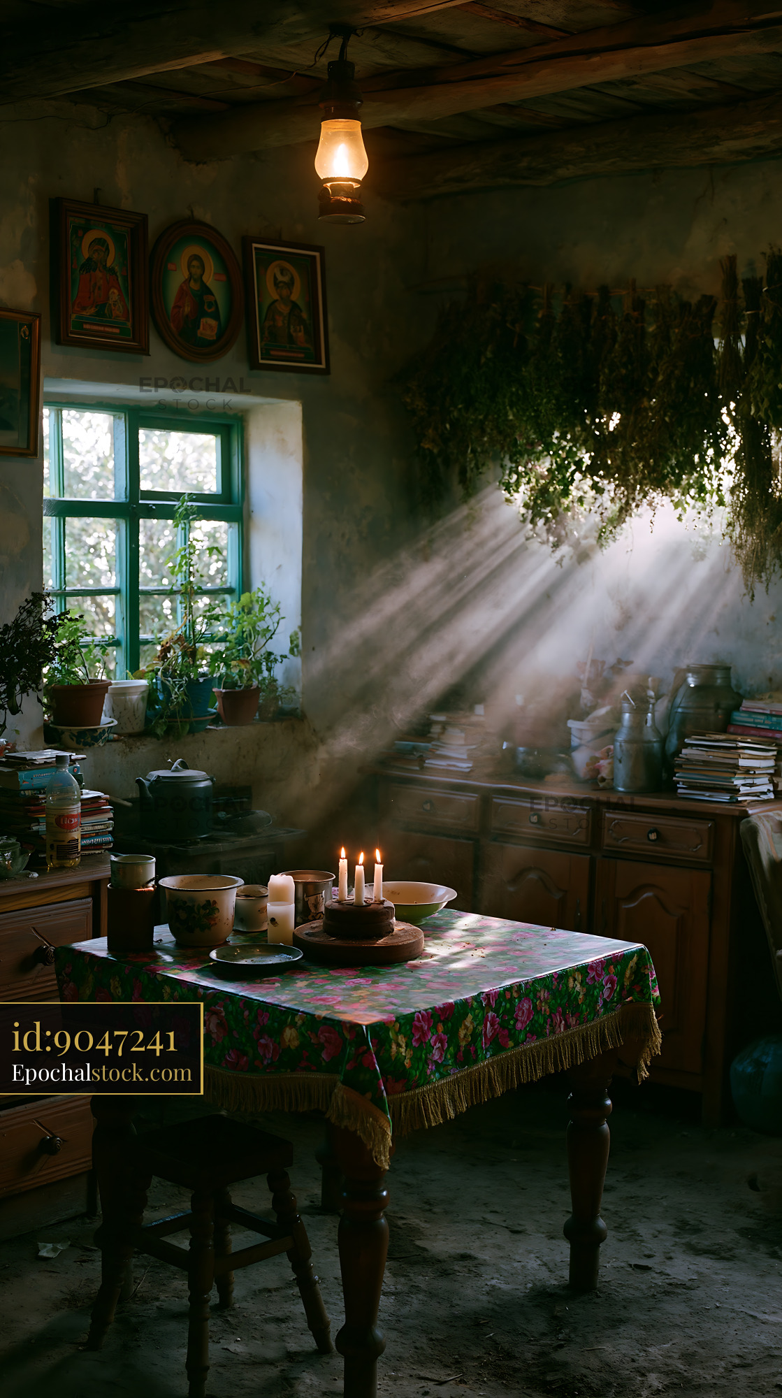 Watermarked full-resolution preview of Cozy kitchen table with natural light and candles at dusk