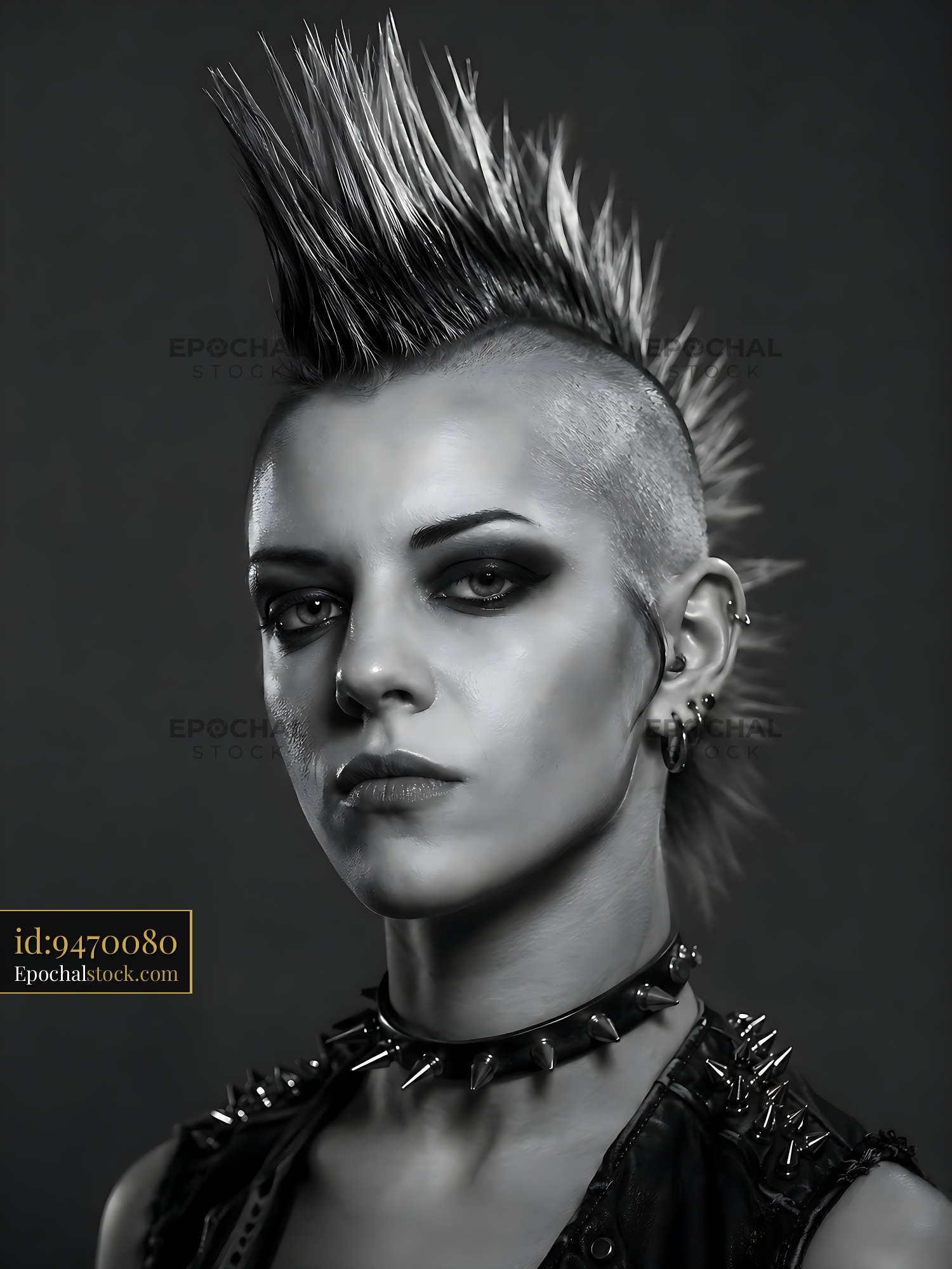 Watermarked full-resolution preview of Punk model with mohawk hairstyle in black and white