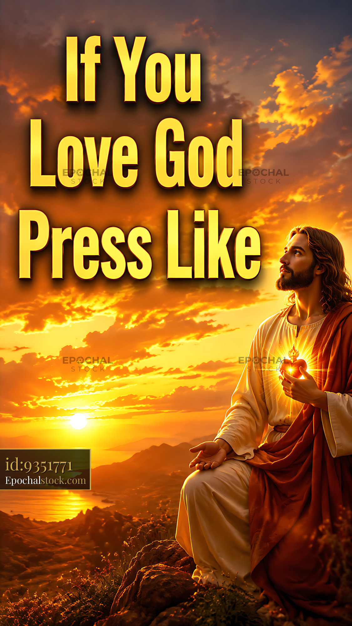 Jesus Holds Light While Sitting on a Hill at Sunset - stock photo