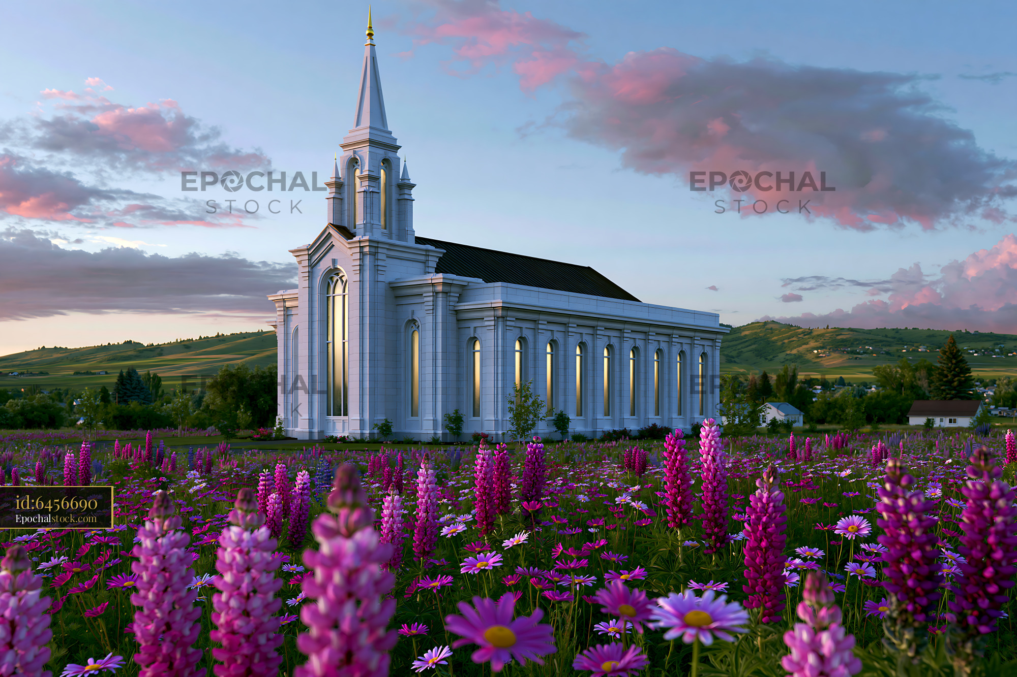 Watermarked full-resolution preview of Church surrounded by colorful flowers in a field during sunset
