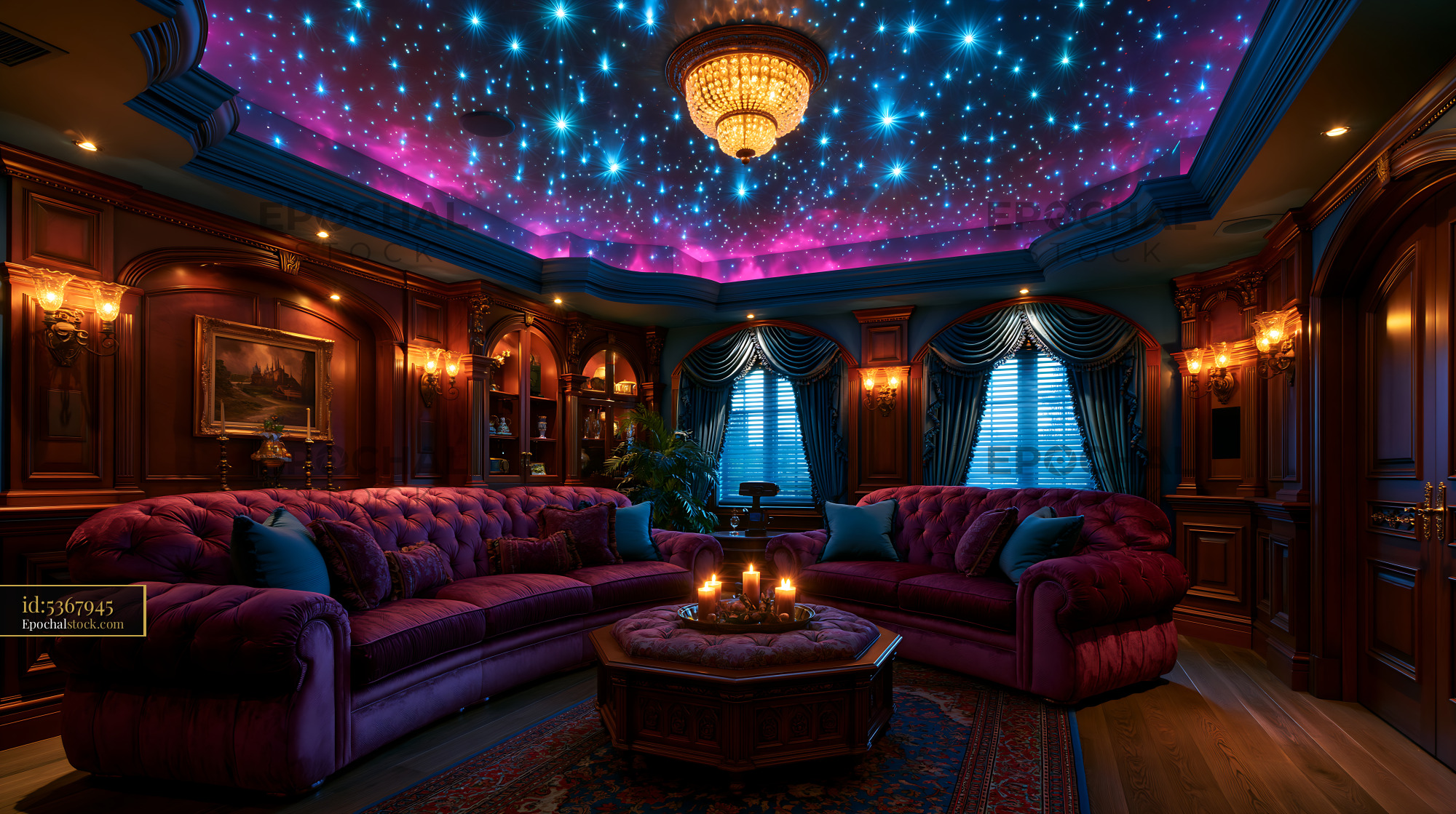 Watermarked full-resolution preview of Cozy living room with starry ceiling and elegant furniture