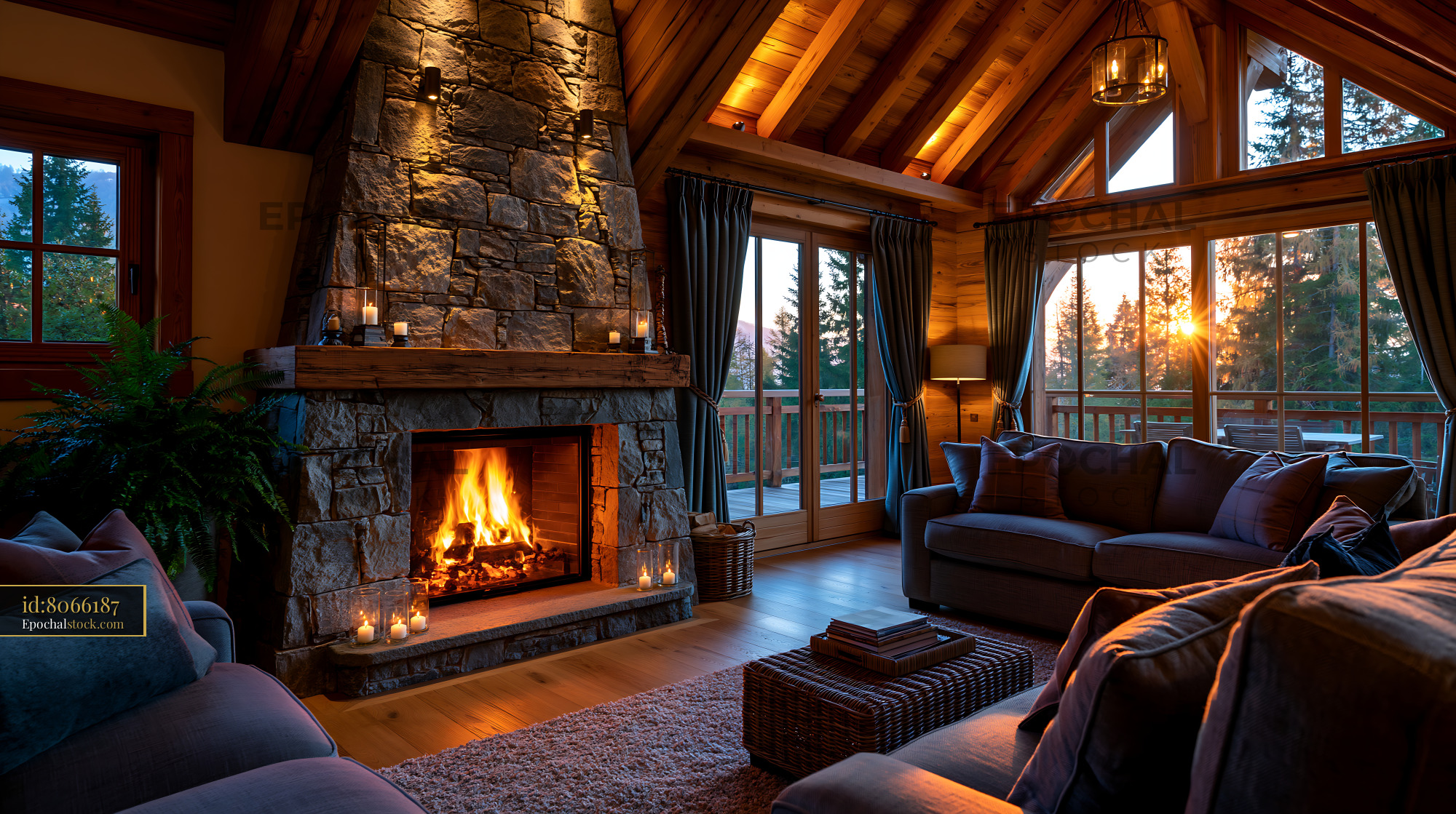 Watermarked full-resolution preview of Warm interior of a cozy cabin with a fireplace