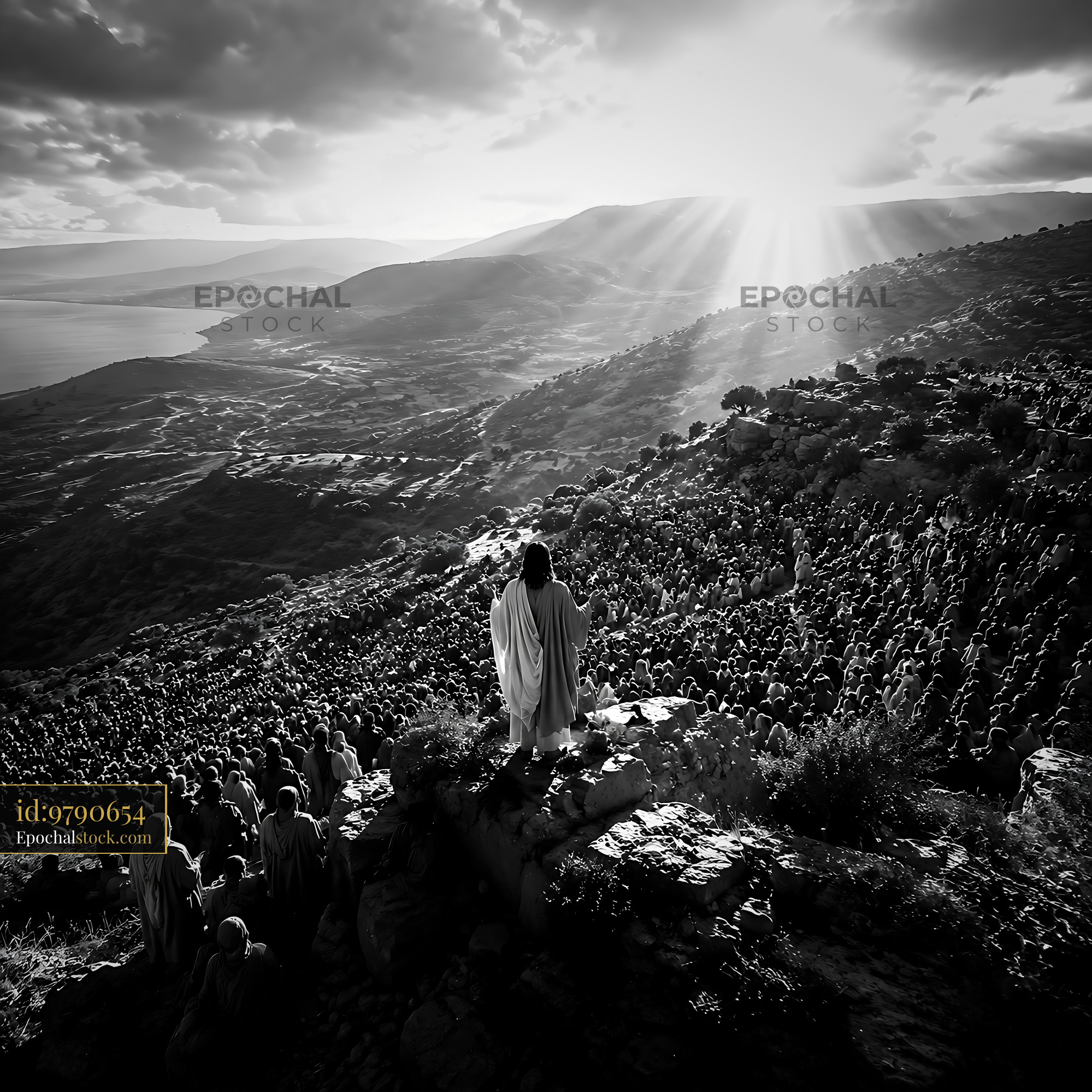 Watermarked full-resolution preview of Crowd on hillside during sunset with figure in white robe