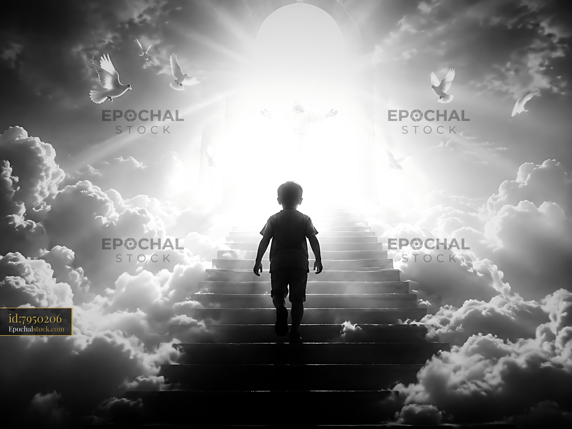Watermarked full-resolution preview of Child walking up stairs toward light in cloud-filled scene