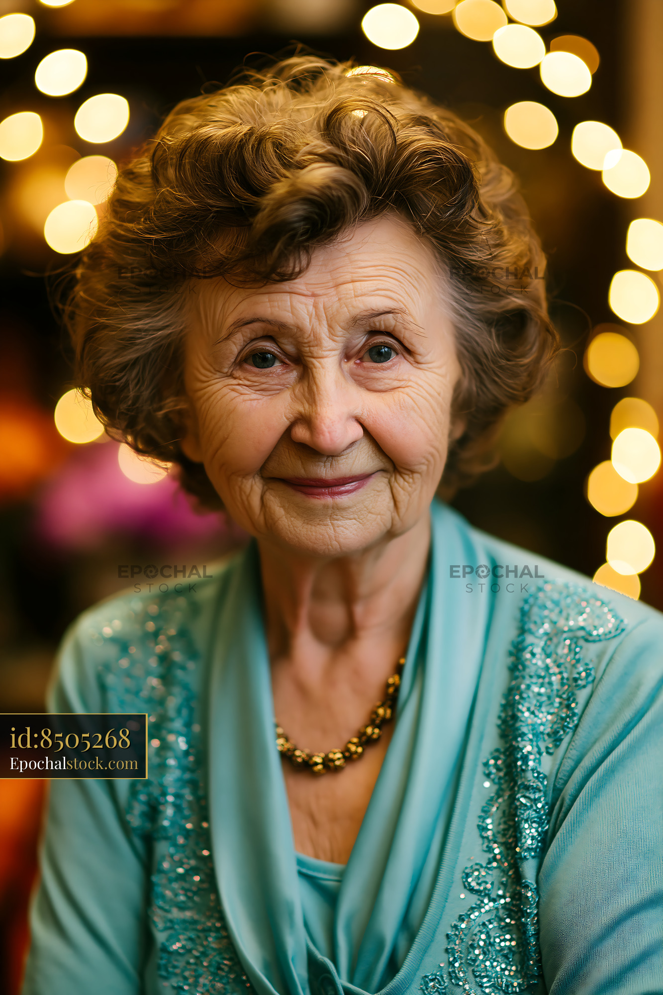 Elderly Woman Smiles in a Blue Outfit With Warm Lights Behind - stock photo