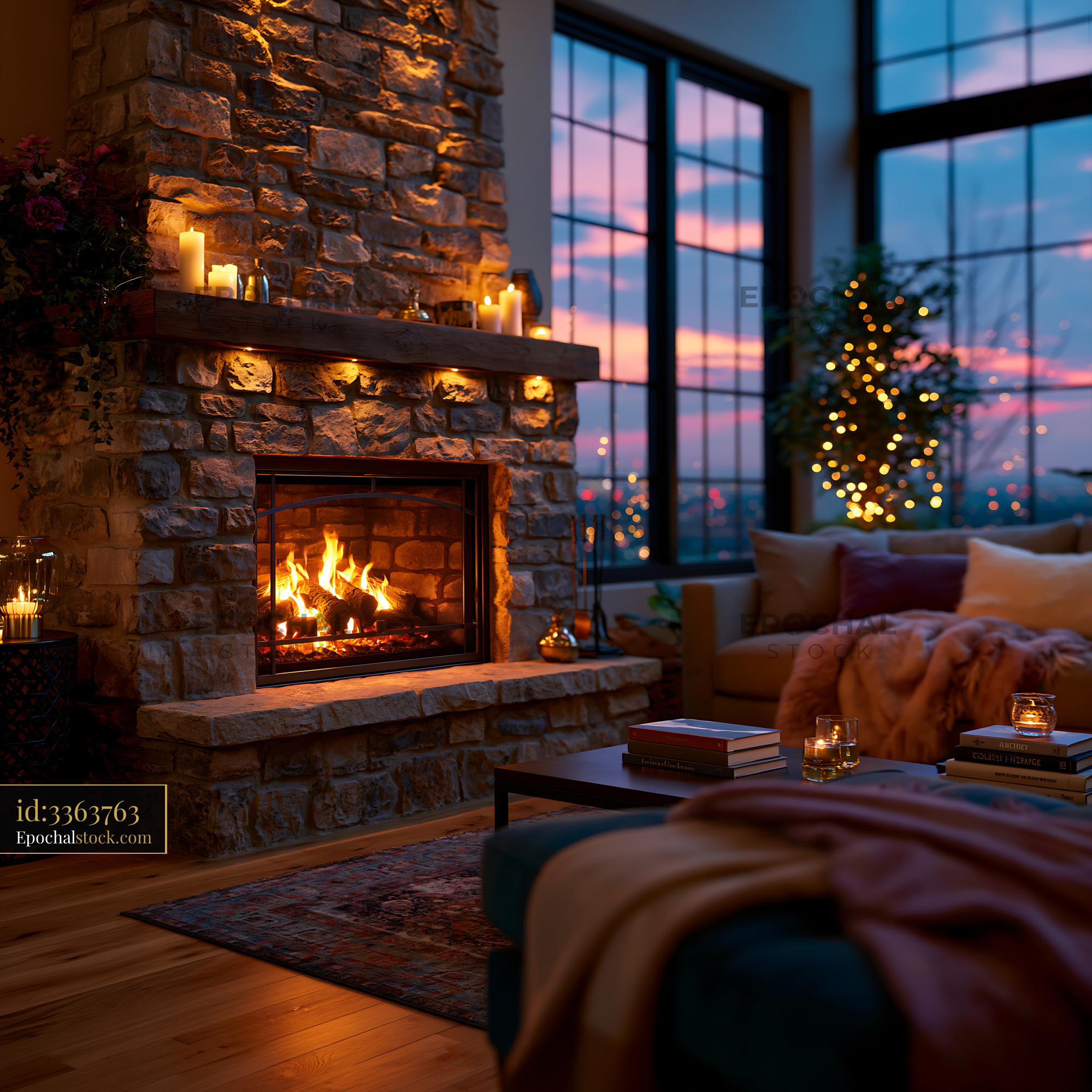 Watermarked full-resolution preview of Cozy living room with a stone fireplace and sunset view