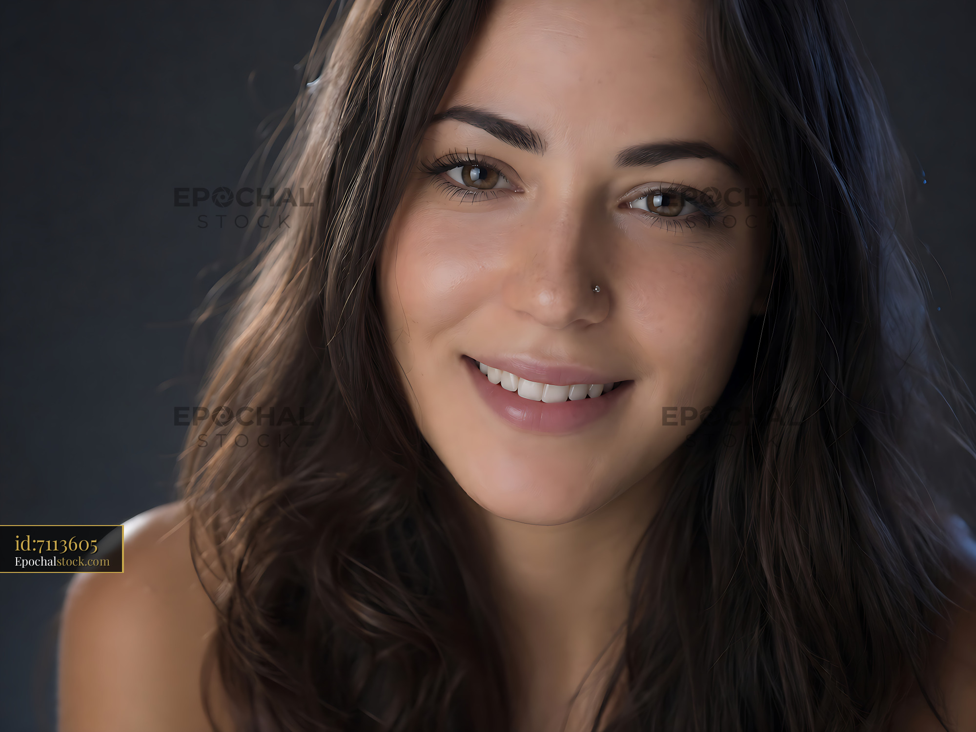 Woman Smiling With Long Hair Under Soft Lighting - stock photo