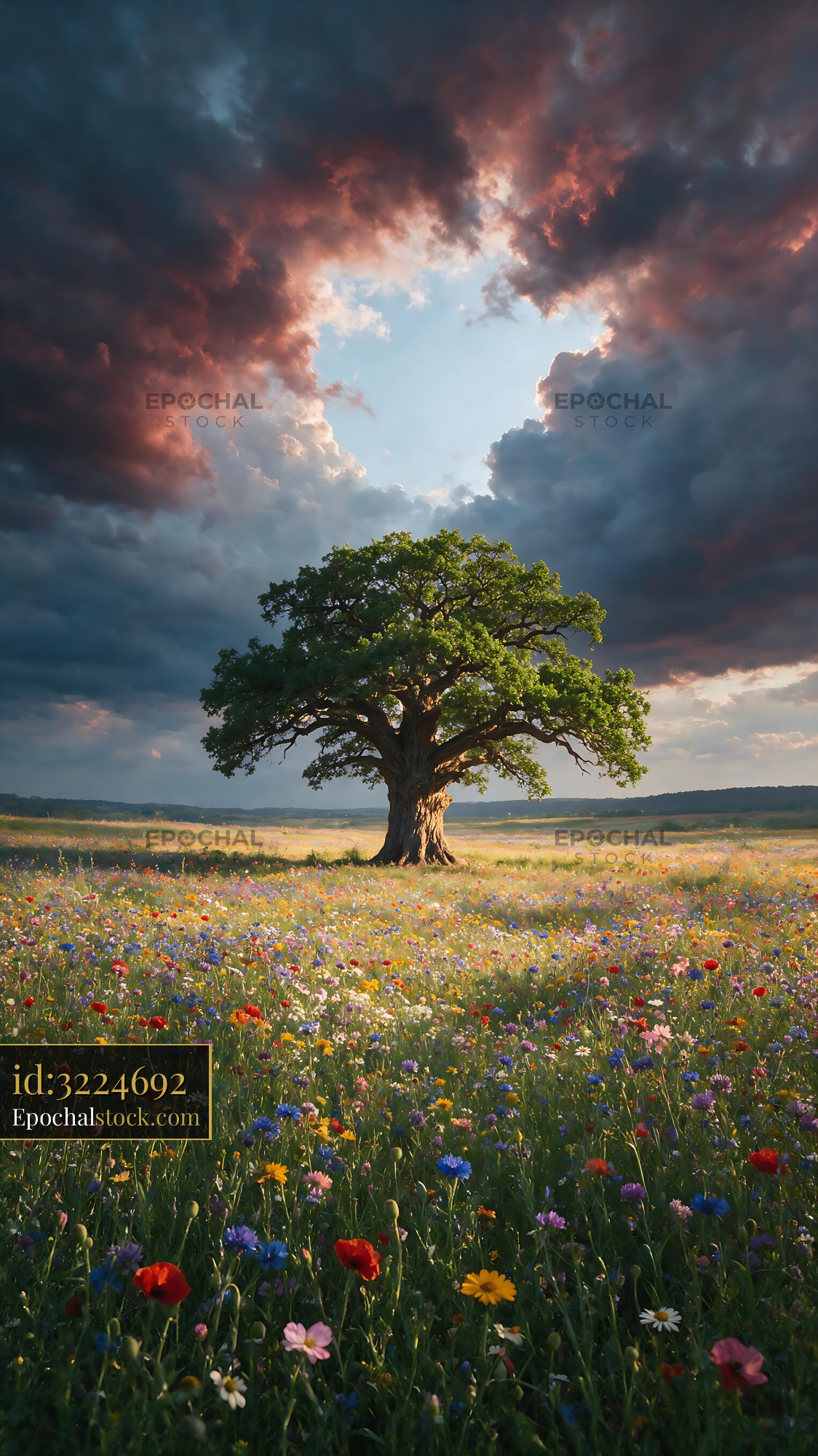 Wildflower Meadow With Oak Tree Under Dramatic Clouds - stock photo