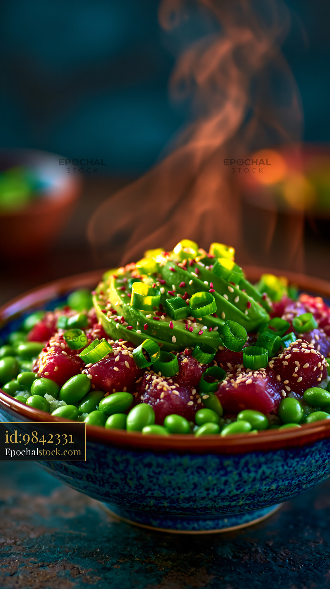 Watermarked full-resolution preview of Fresh salad bowl with colorful ingredients and steam rising