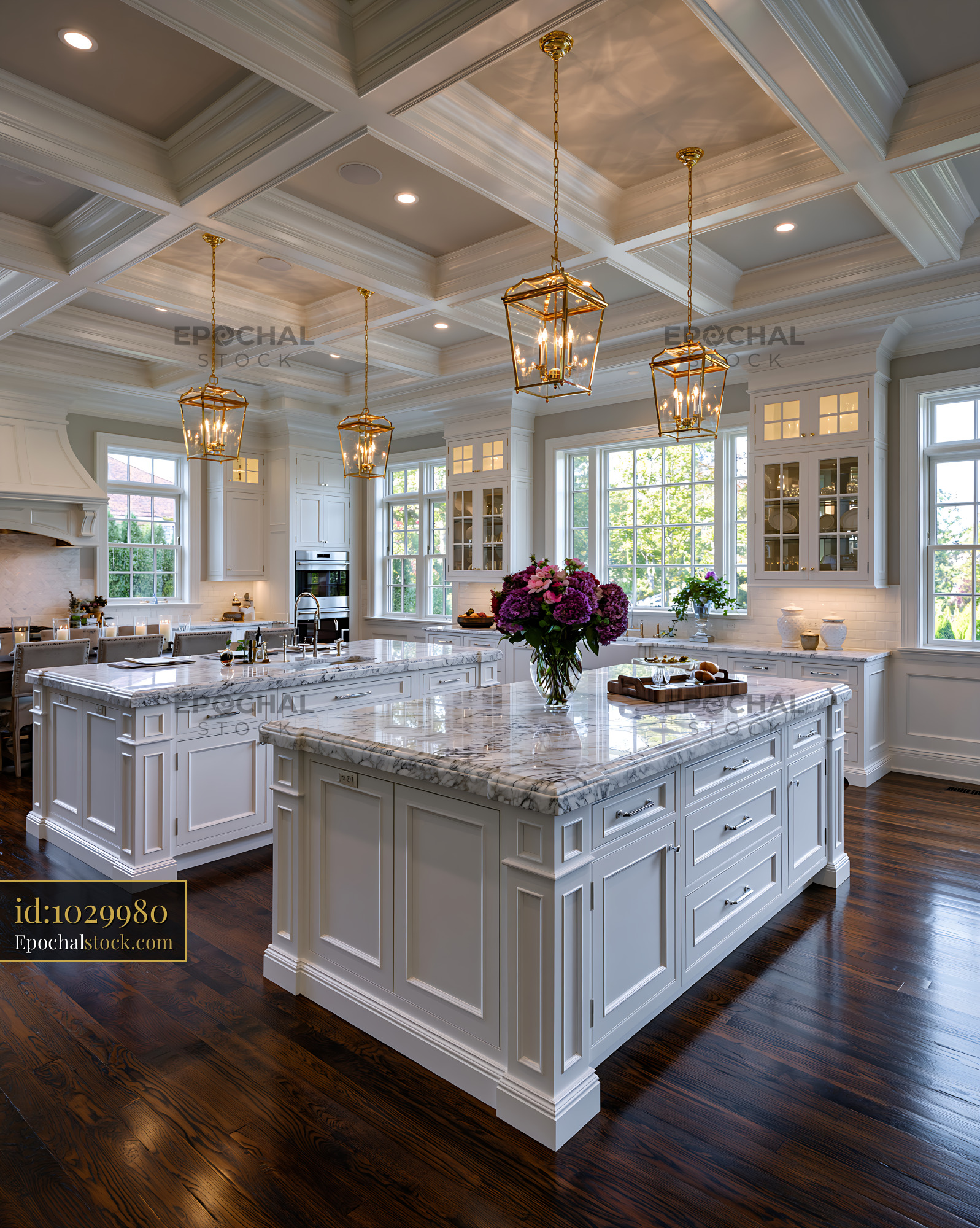 Classic Kitchen Design With Coffered Ceiling and Marble Countertops - stock photo