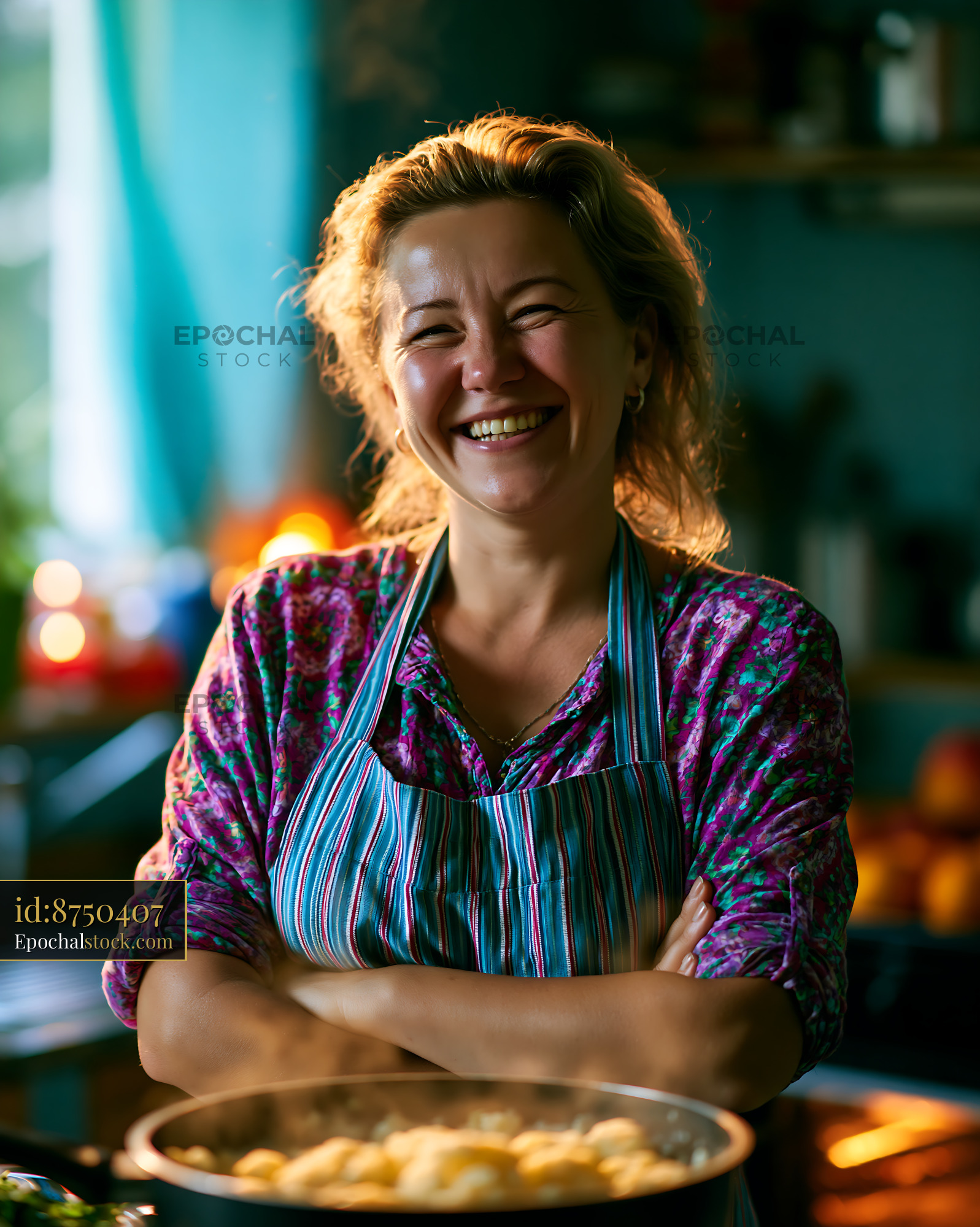Watermarked full-resolution preview of Joyful woman cooking in a home kitchen