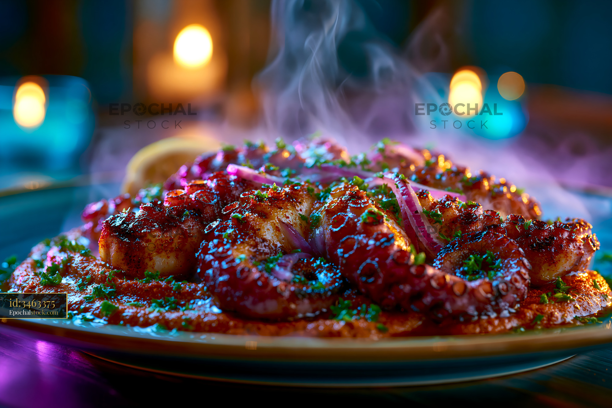 Watermarked full-resolution preview of Grilled octopus dish with spices and garnish served on a plate