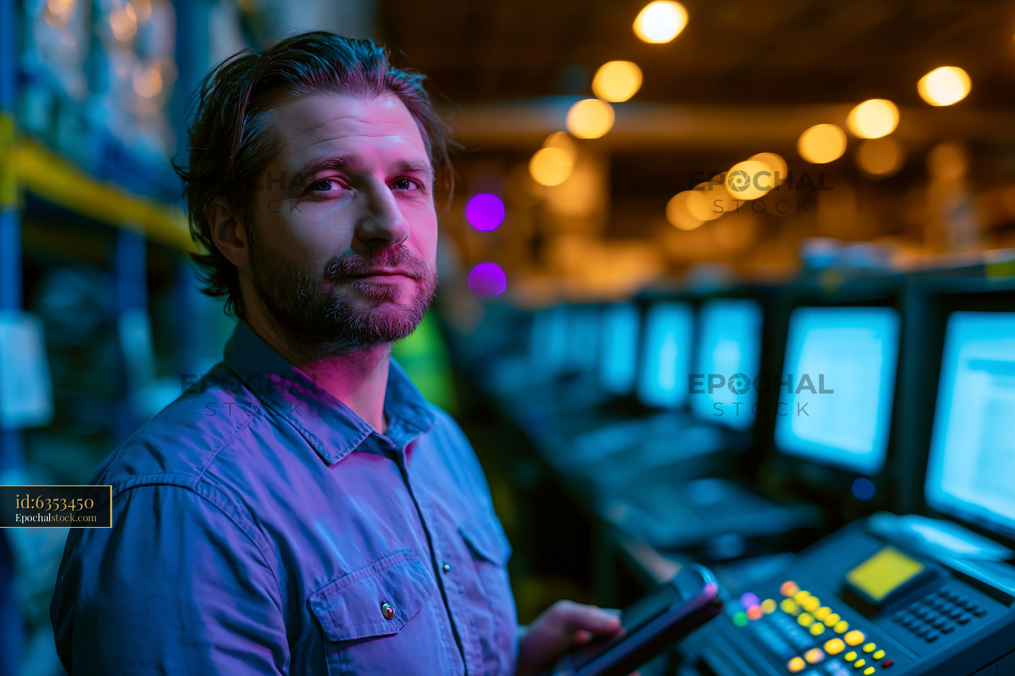 Watermarked full-resolution preview of Man standing in a control room with multiple computer screens