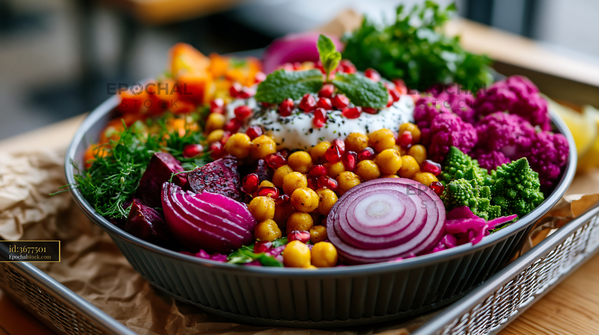 Watermarked full-resolution preview of Colorful vegetable platter with hummus and fresh herbs