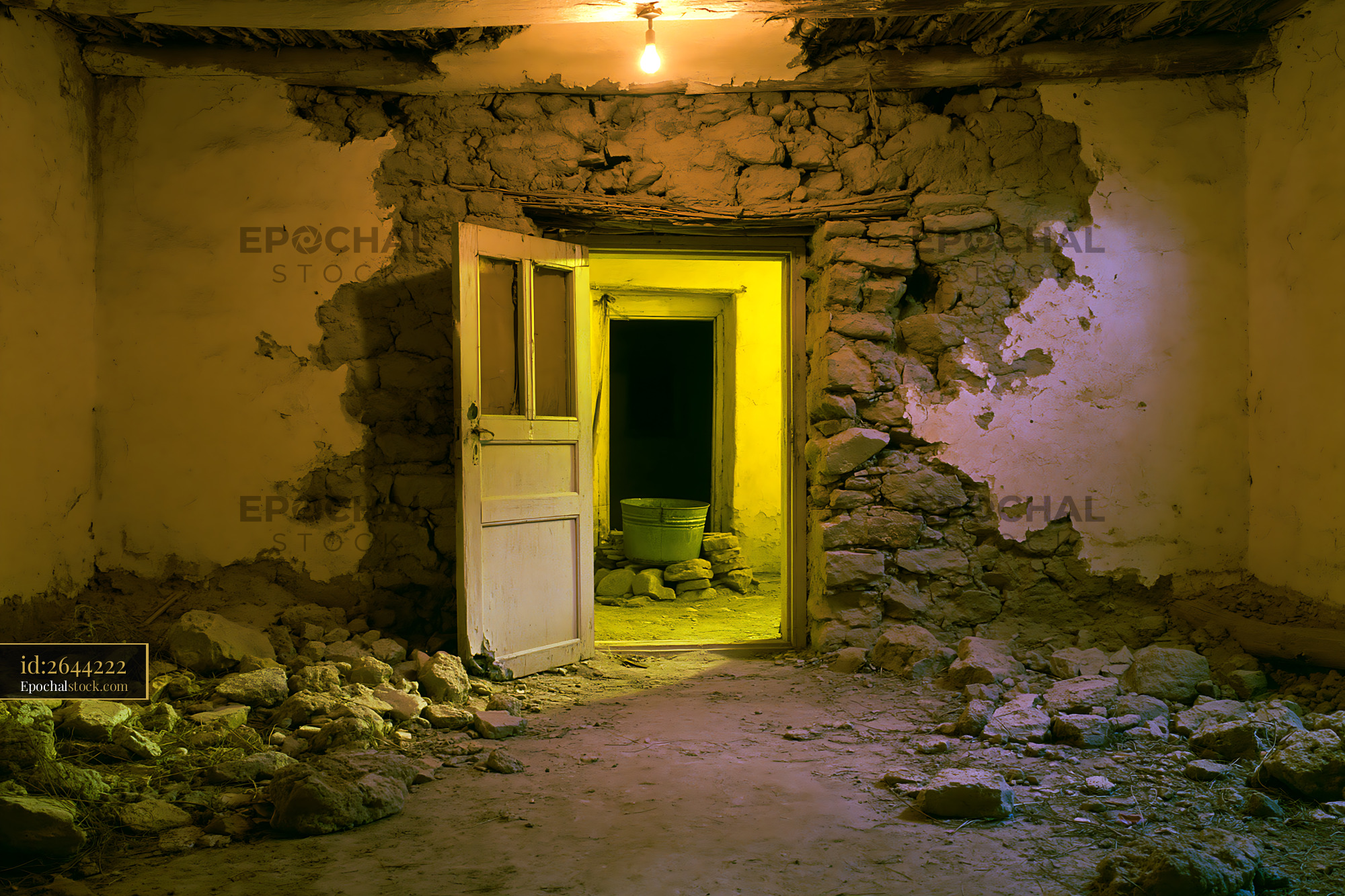 Watermarked full-resolution preview of Abandoned room with broken walls and an open door