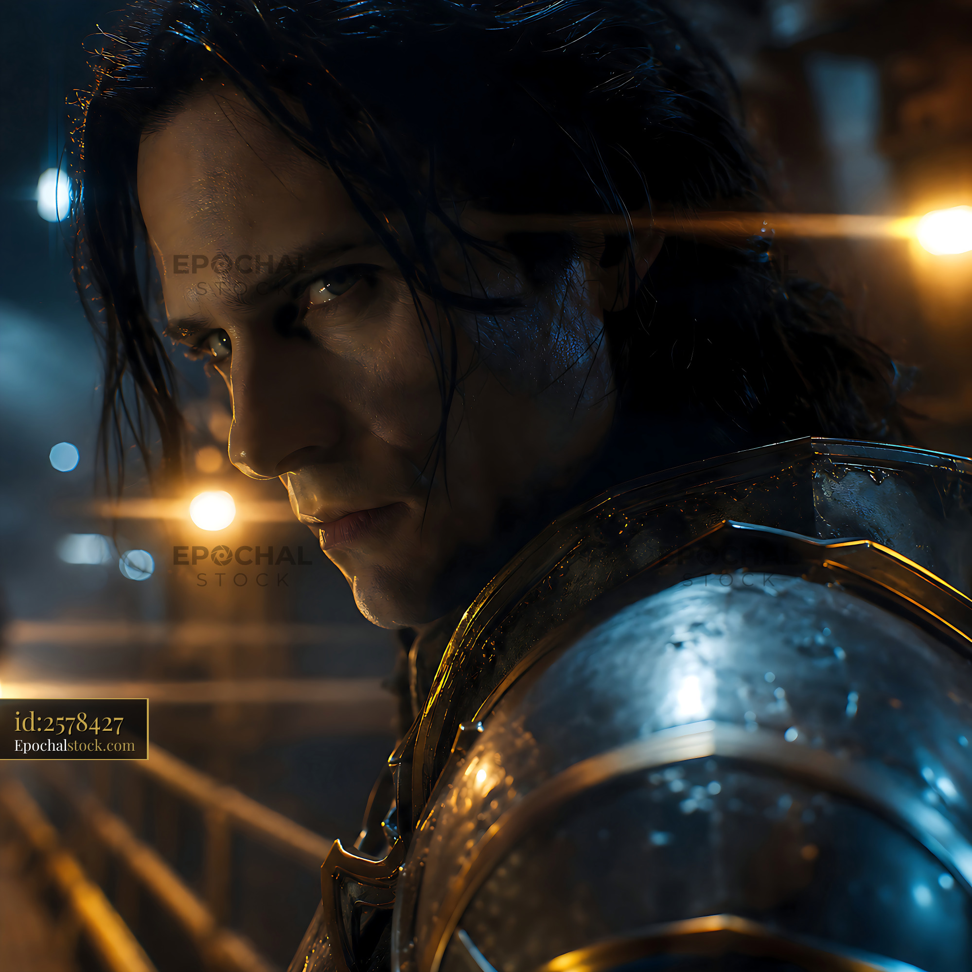Watermarked full-resolution preview of Character in dark setting with glowing lights in background
