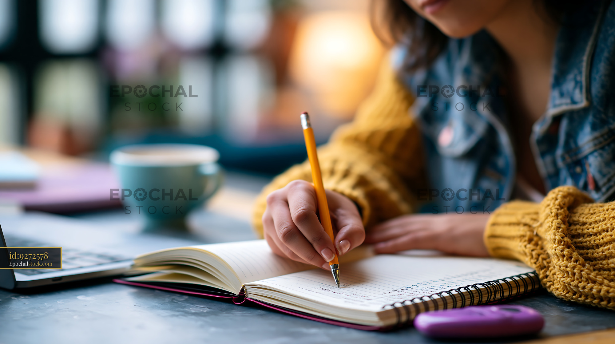 Watermarked full-resolution preview of Person writing in a notebook while sitting at a table