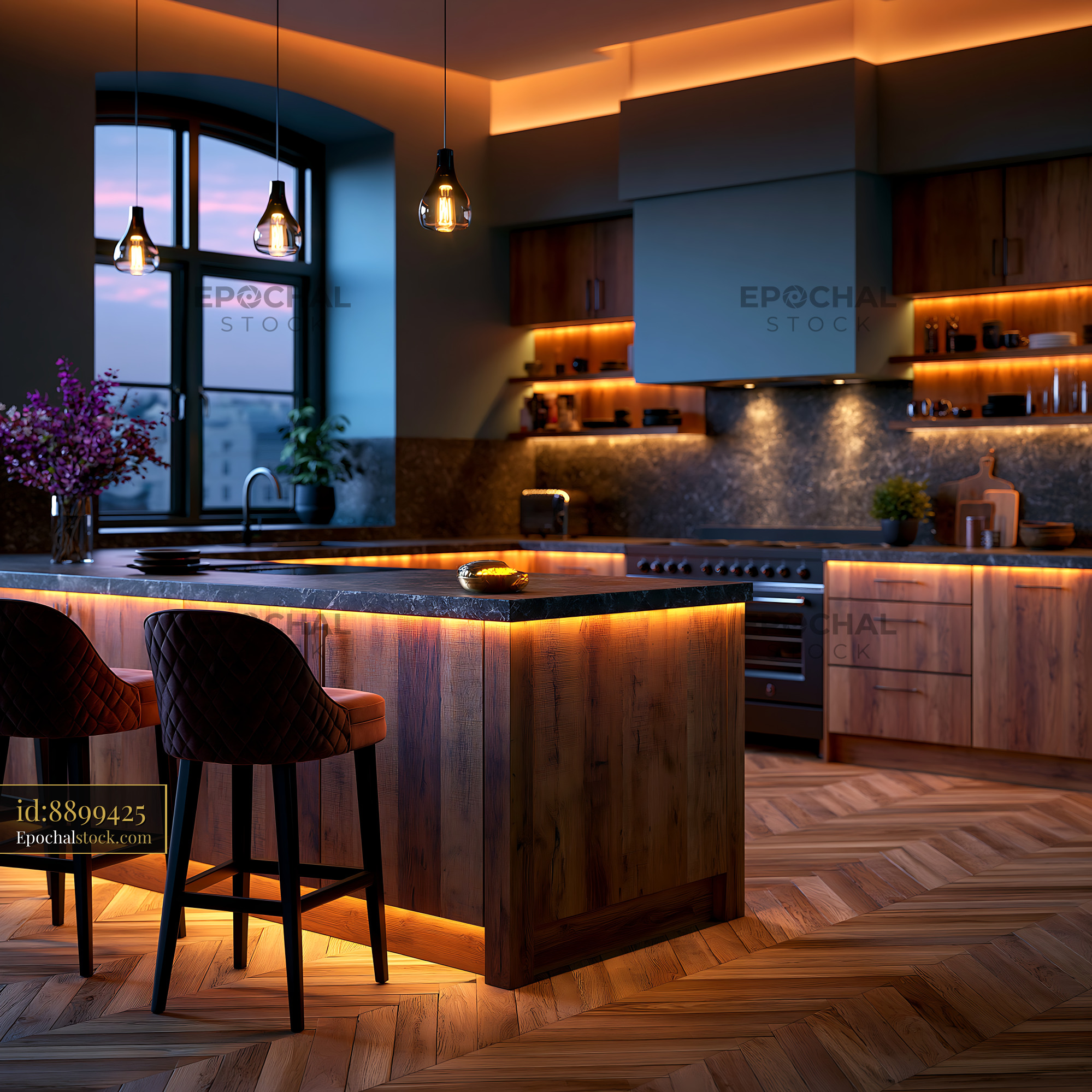 Japandi Luxury Kitchen Design in Warm Wood and Stone Lights - stock photo
