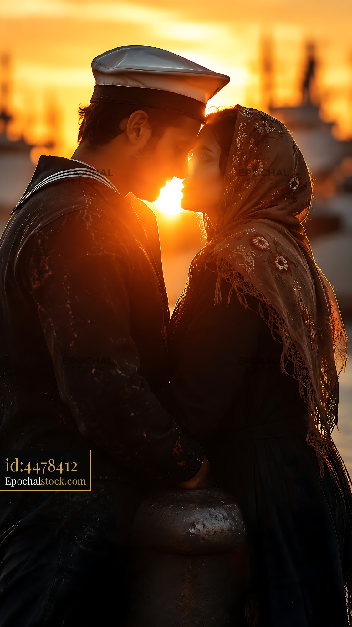 Watermarked full-resolution preview of Couple sharing a kiss at sunset near the harbor