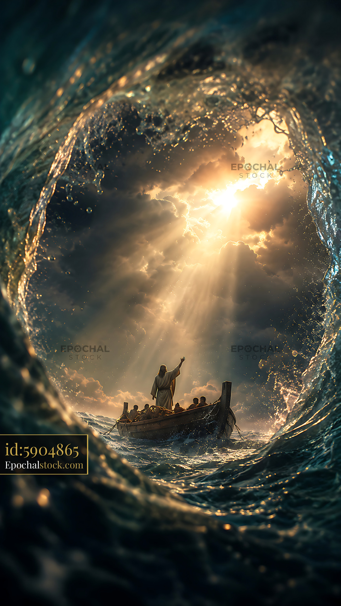 Watermarked full-resolution preview of Man in boat with followers under dramatic sky and ocean wave