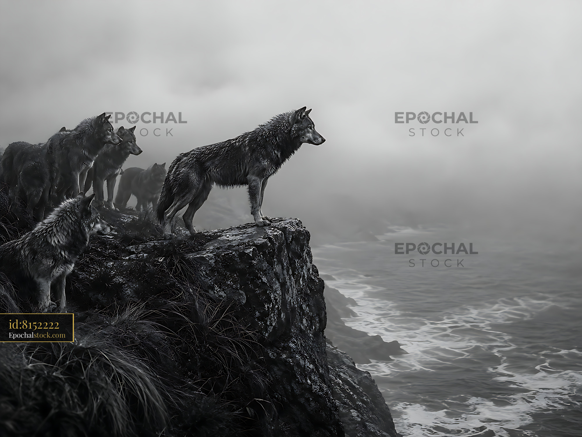 Watermarked full-resolution preview of Wolves on a rocky cliff overlooking a stormy sea