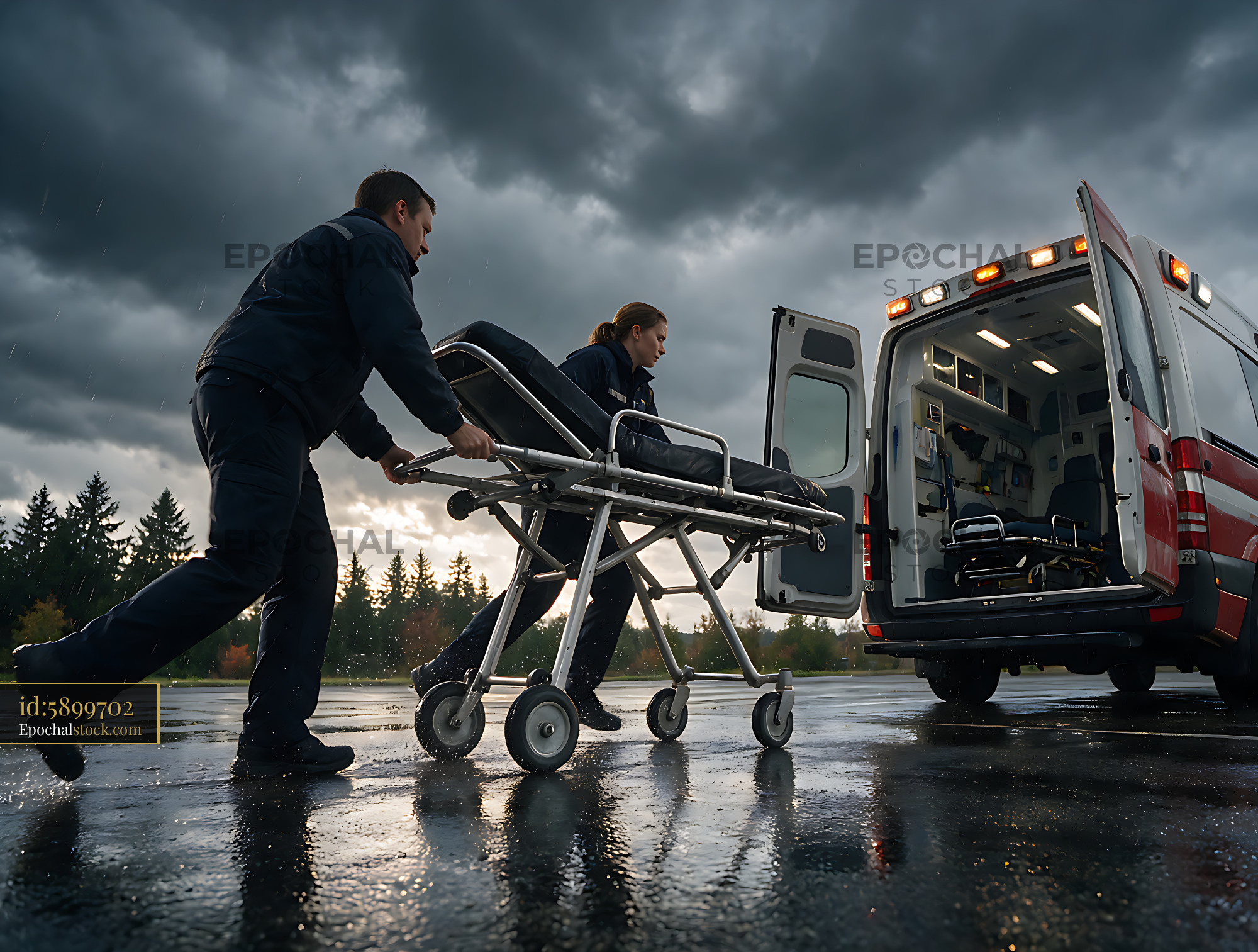 Watermarked full-resolution preview of Emergency responders moving a stretcher into an ambulance