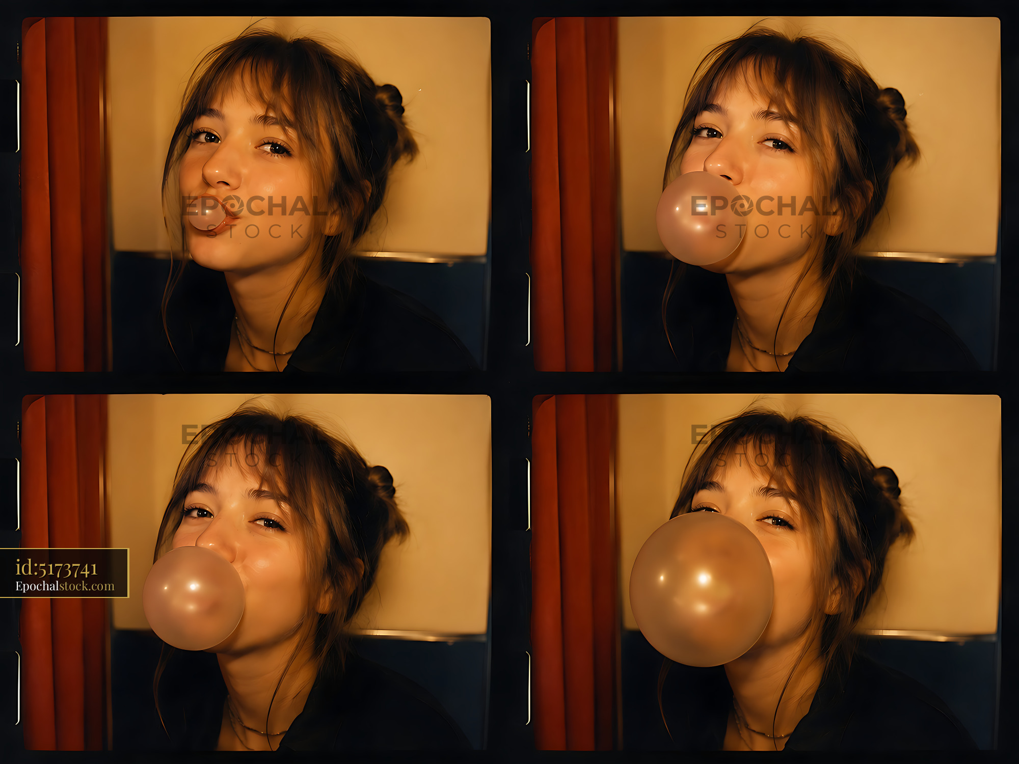 Woman Blowing Bubble Gum While Smiling in a Colorful Room - stock photo