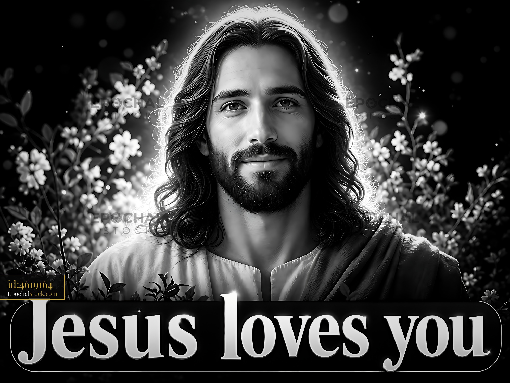 Watermarked full-resolution preview of Jesus on black and white background with flowers