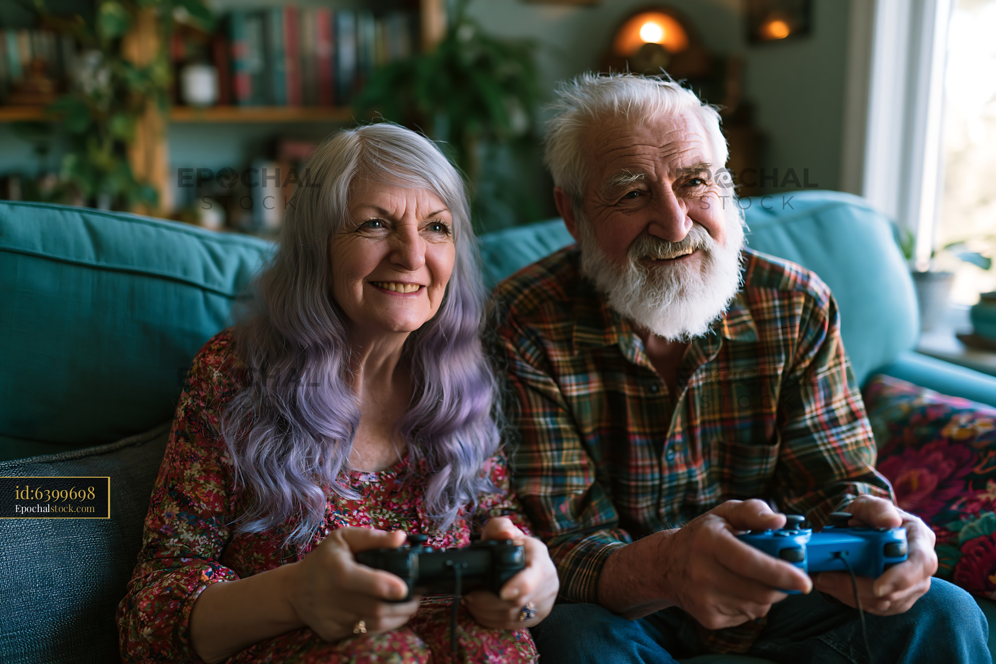 Watermarked full-resolution preview of Elderly couple enjoying video games at home