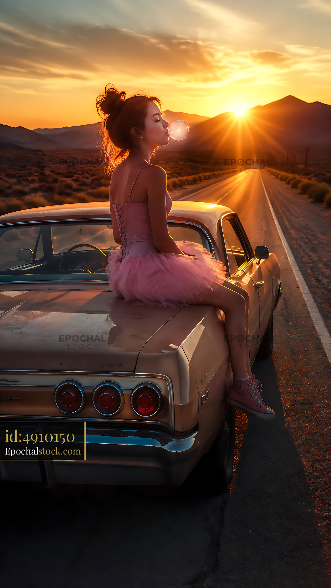 Watermarked full-resolution preview of Ballet dancer sits on vintage car at sunset on open road