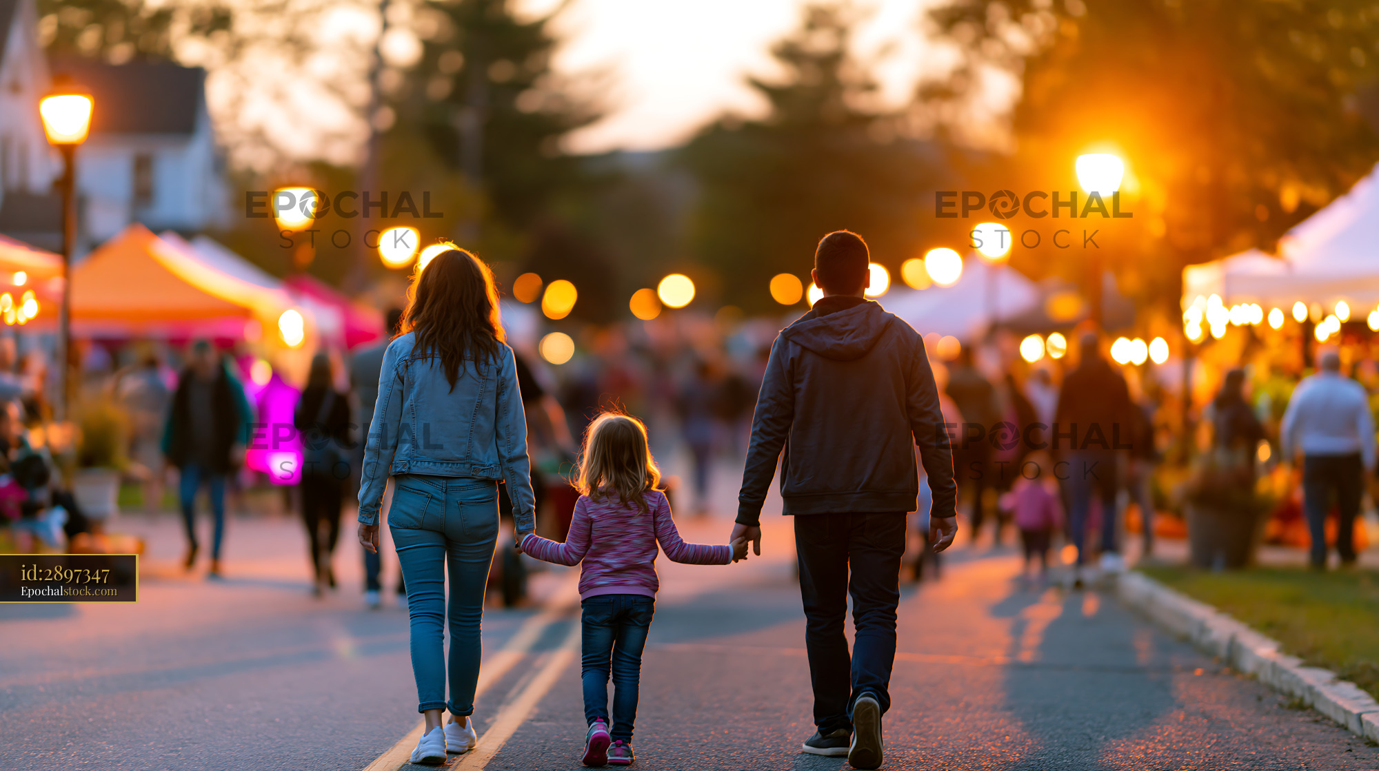 Watermarked full-resolution preview of Family walks hand in hand through a busy evening market