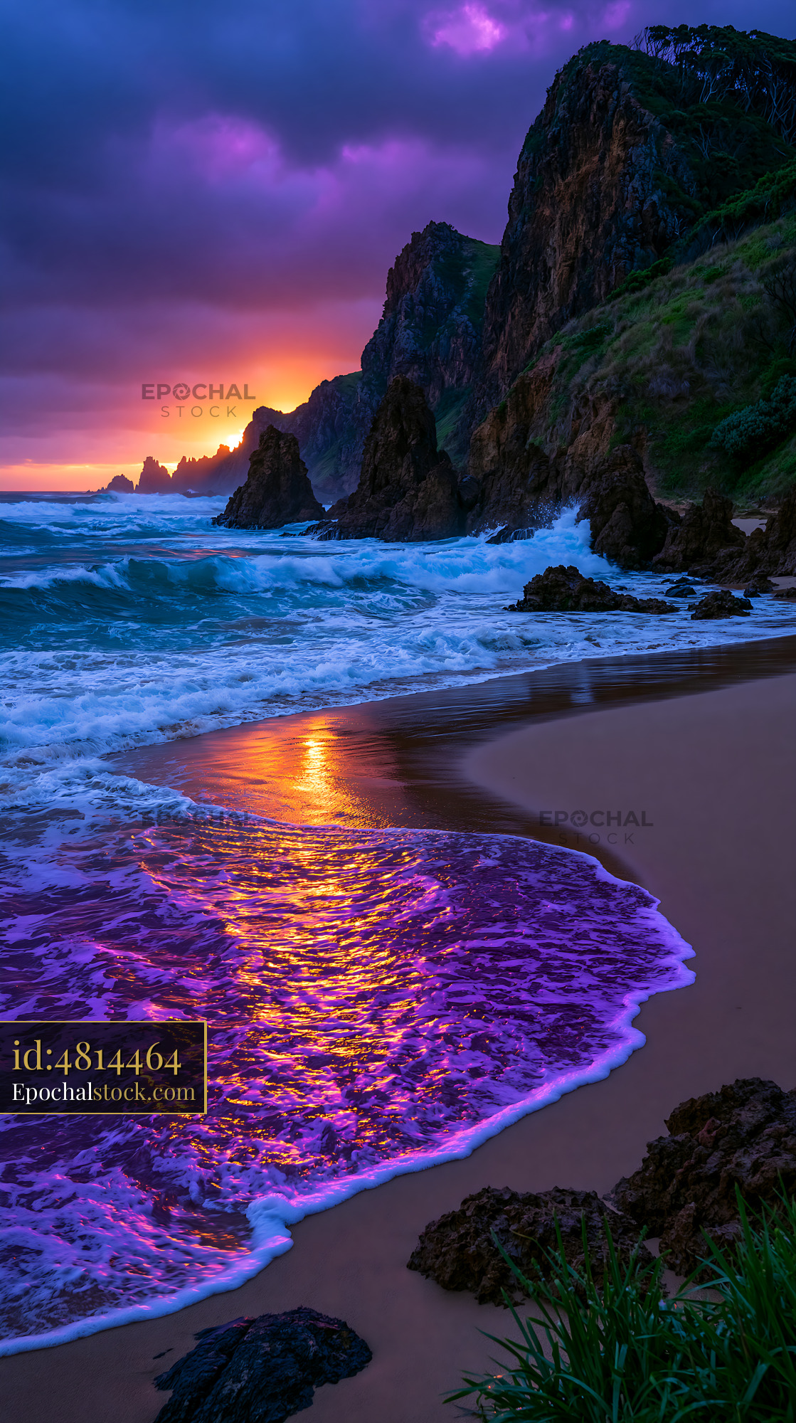Watermarked full-resolution preview of Sunset over rocky beach with waves and purple reflections