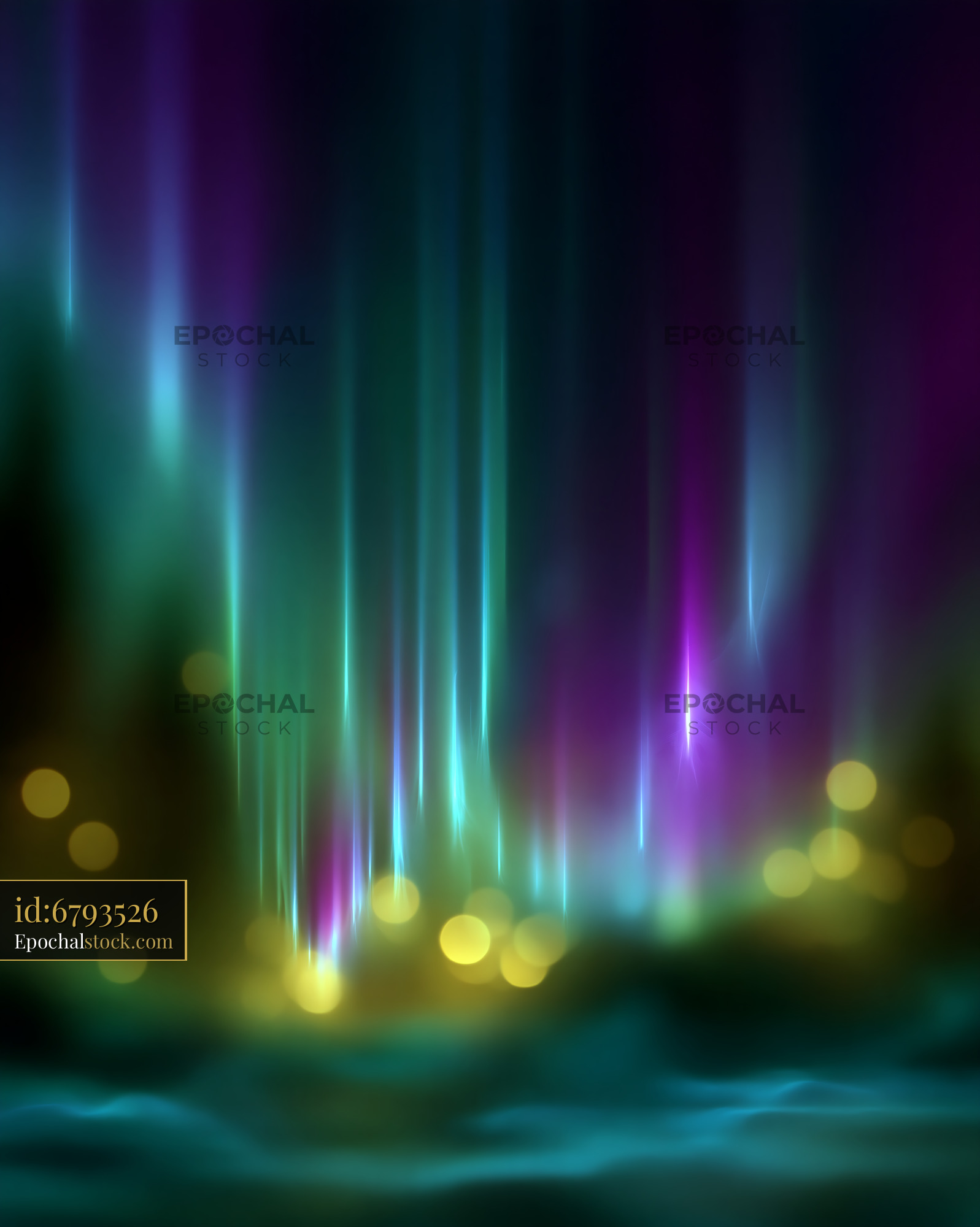 Watermarked full-resolution preview of Vibrant auroras shining over a dark landscape at night