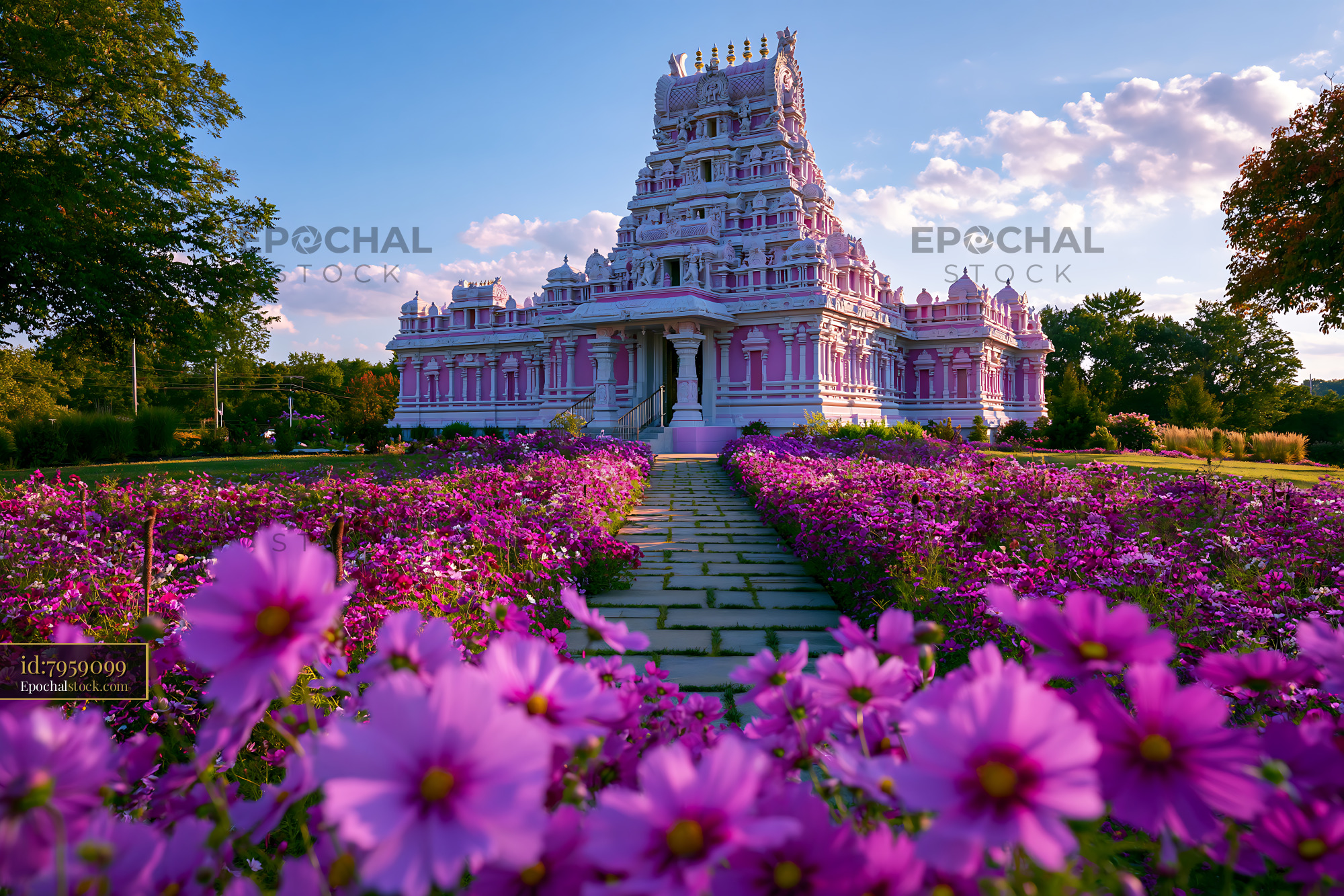 Watermarked full-resolution preview of Temple surrounded by flowers in a garden during daylight