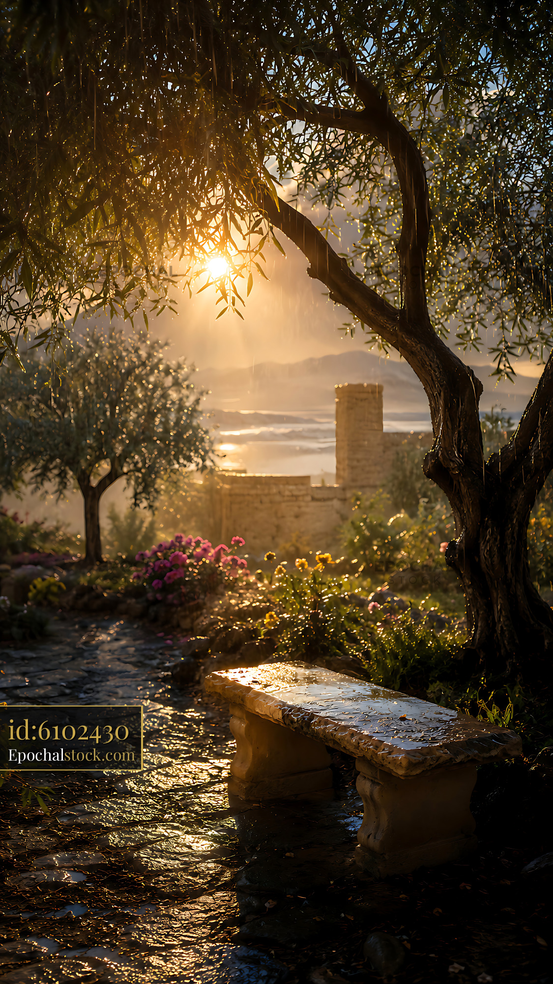 Sunlight Filters Through Trees in a Garden After the Rain - stock photo