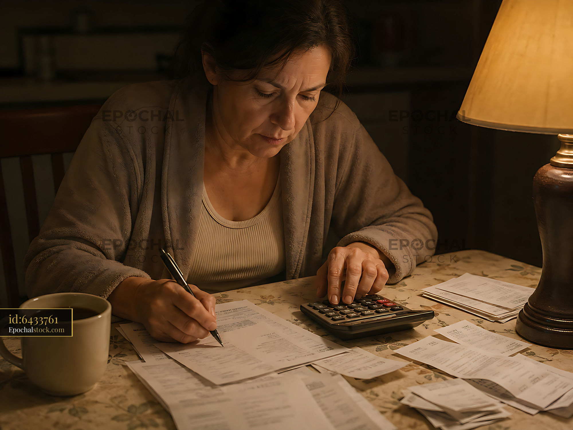 Watermarked full-resolution preview of Woman managing bills at a table in the evening