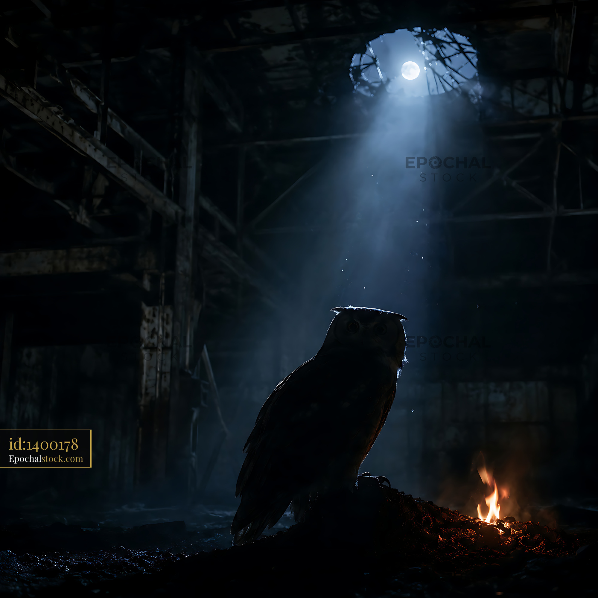 Watermarked full-resolution preview of Owl sitting in an abandoned building with light shining down