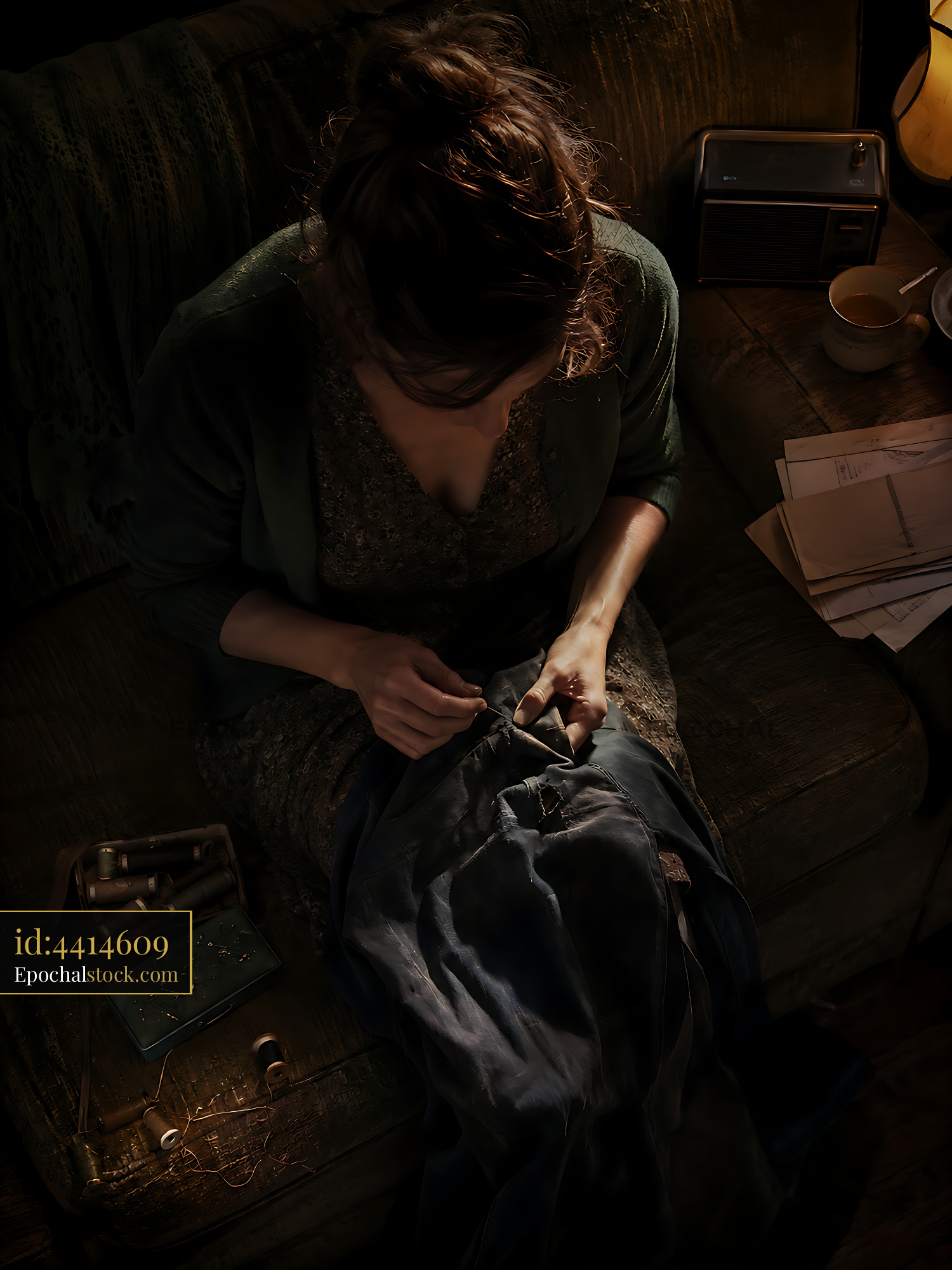 Watermarked full-resolution preview of Woman sewing on a sofa in a dimly lit room