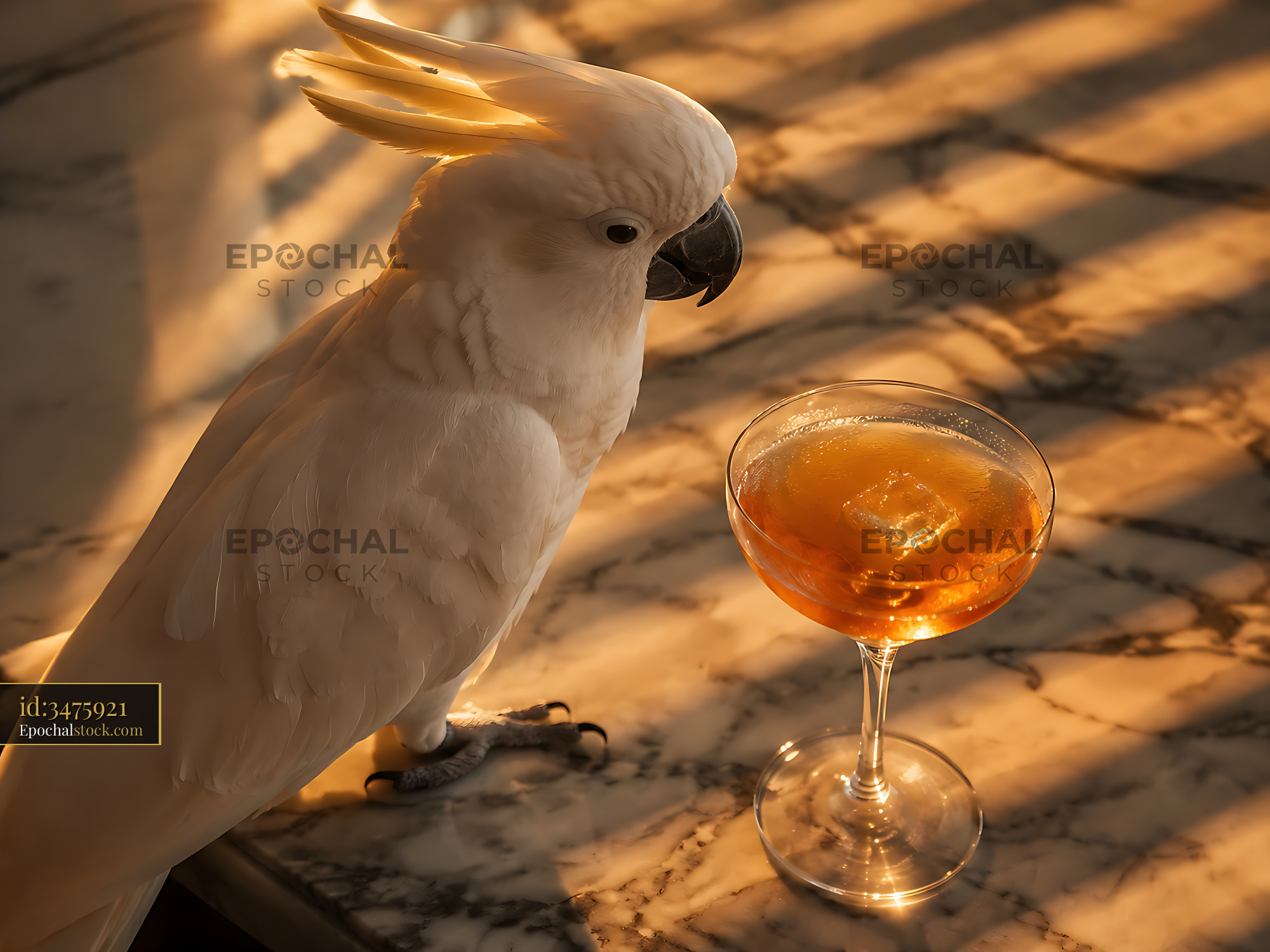 Watermarked full-resolution preview of Cockatoo next to a drink on a marble table