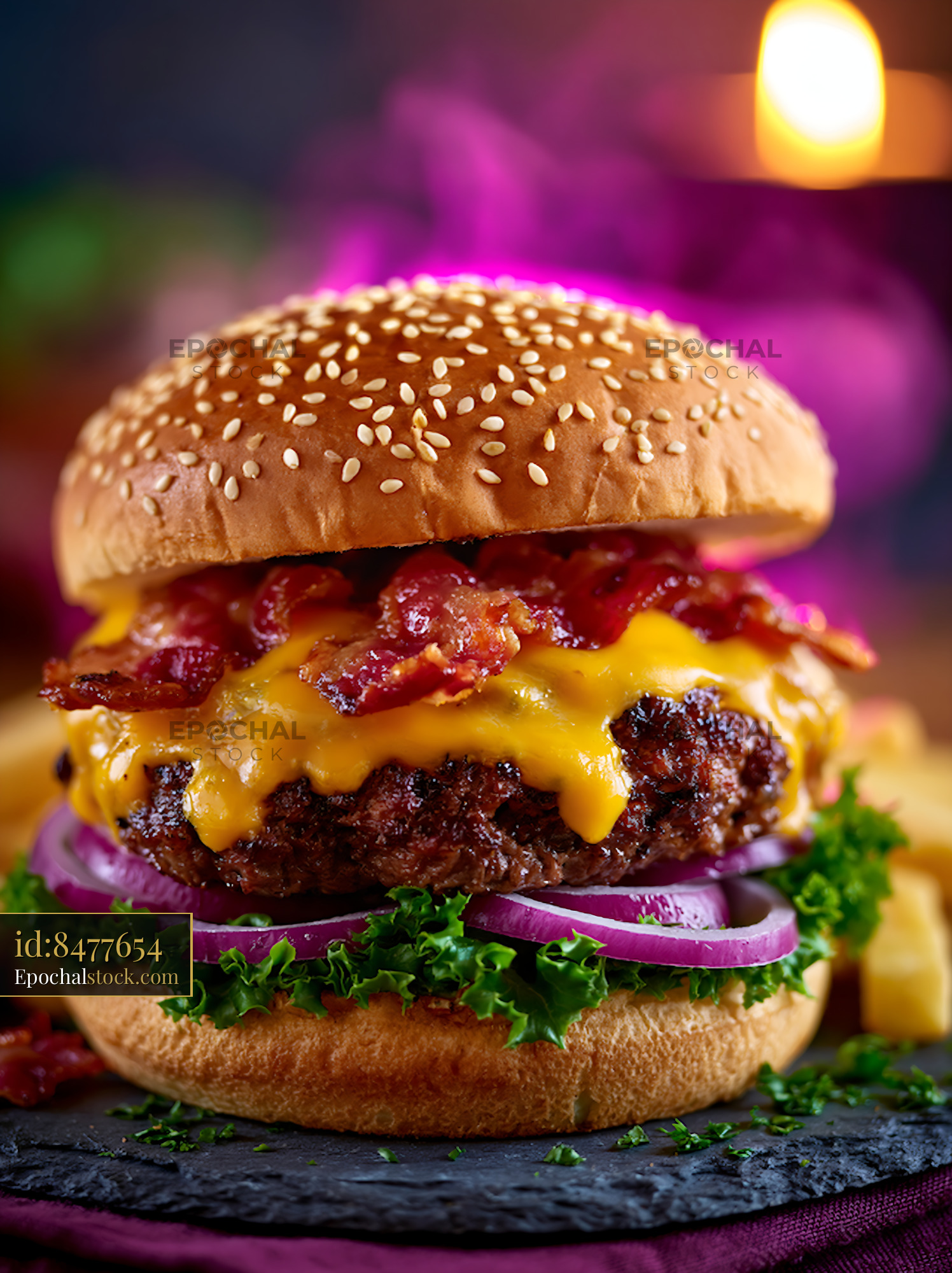 Watermarked full-resolution preview of Close-up bacon cheeseburger with melted cheese and vegetables