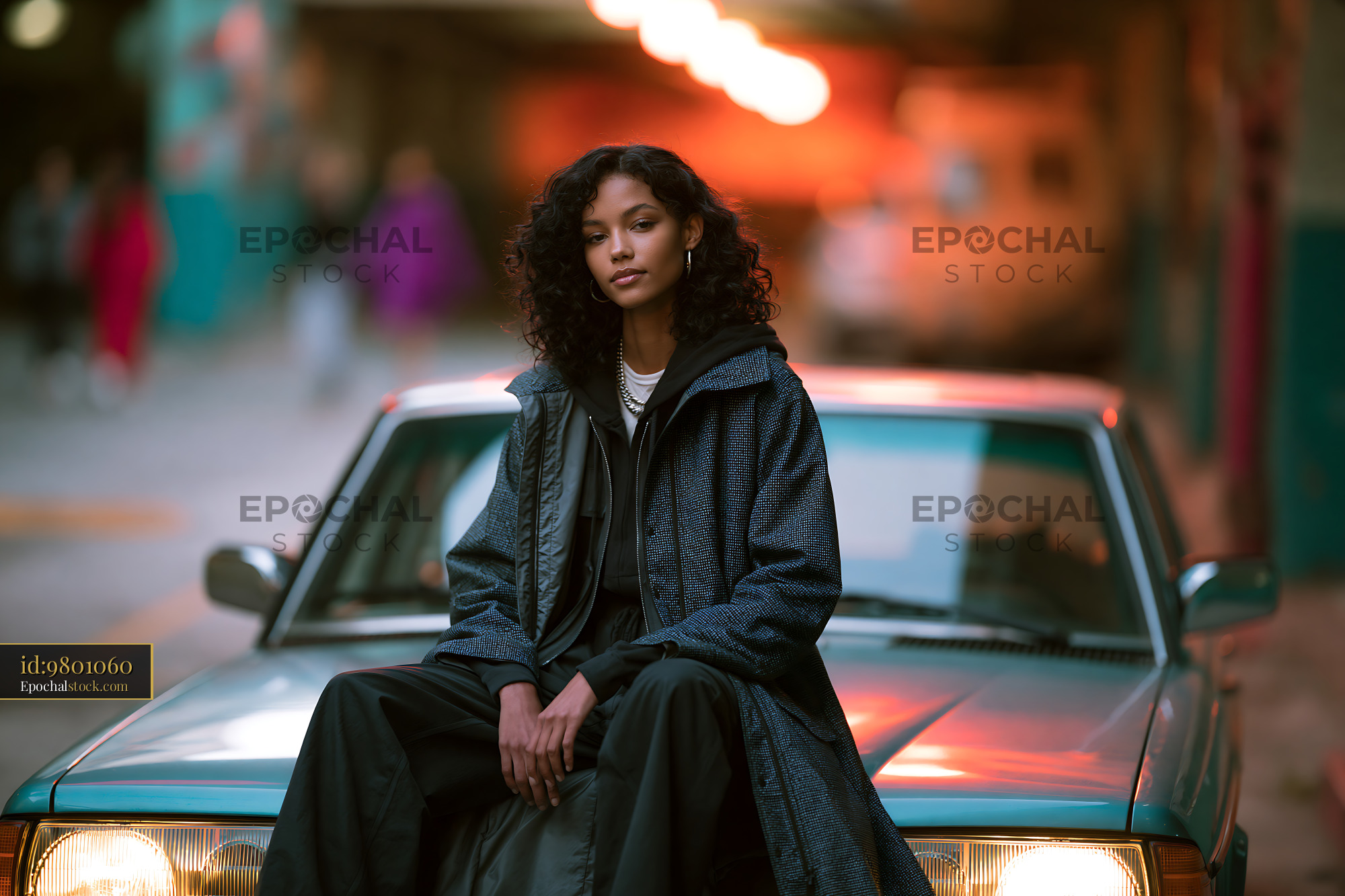Watermarked full-resolution preview of Woman posing on top of car in urban street setting