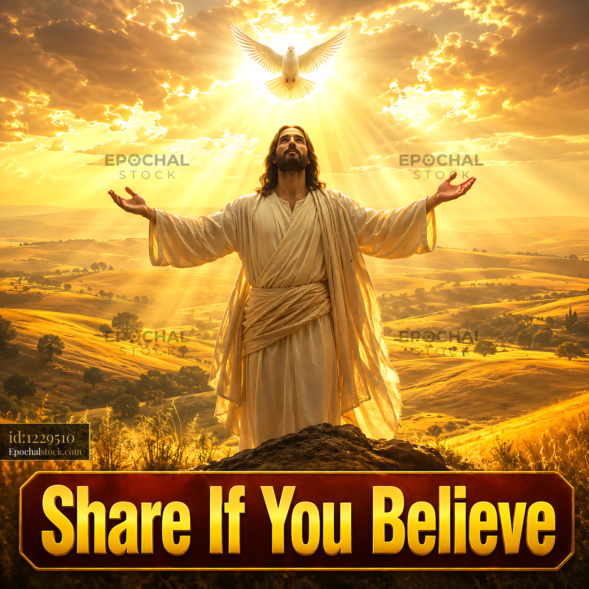 Watermarked full-resolution preview of Jesus with arms raised under bright sky