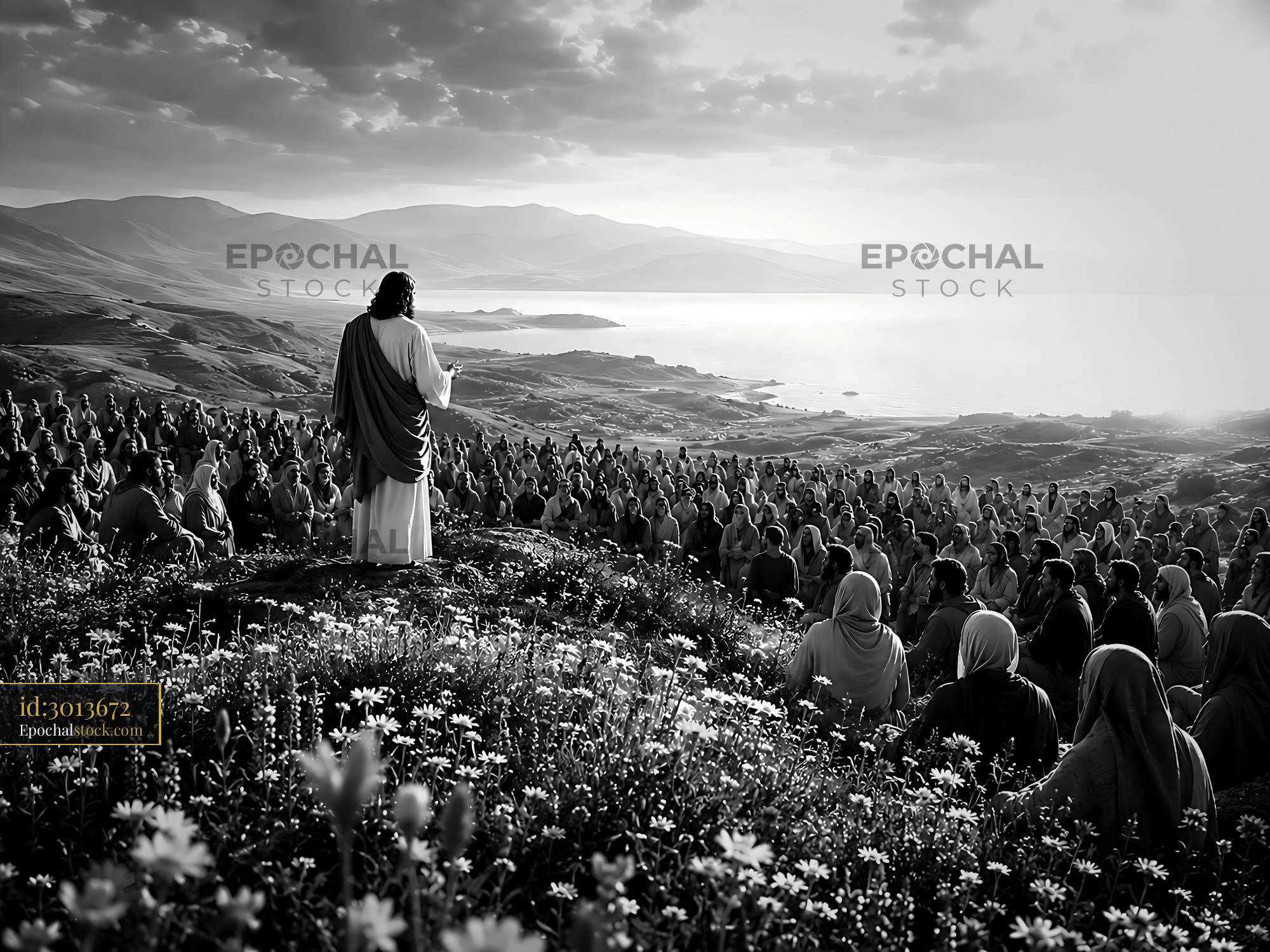 Watermarked full-resolution preview of Crowd listening to a speaker on a hillside near the sea