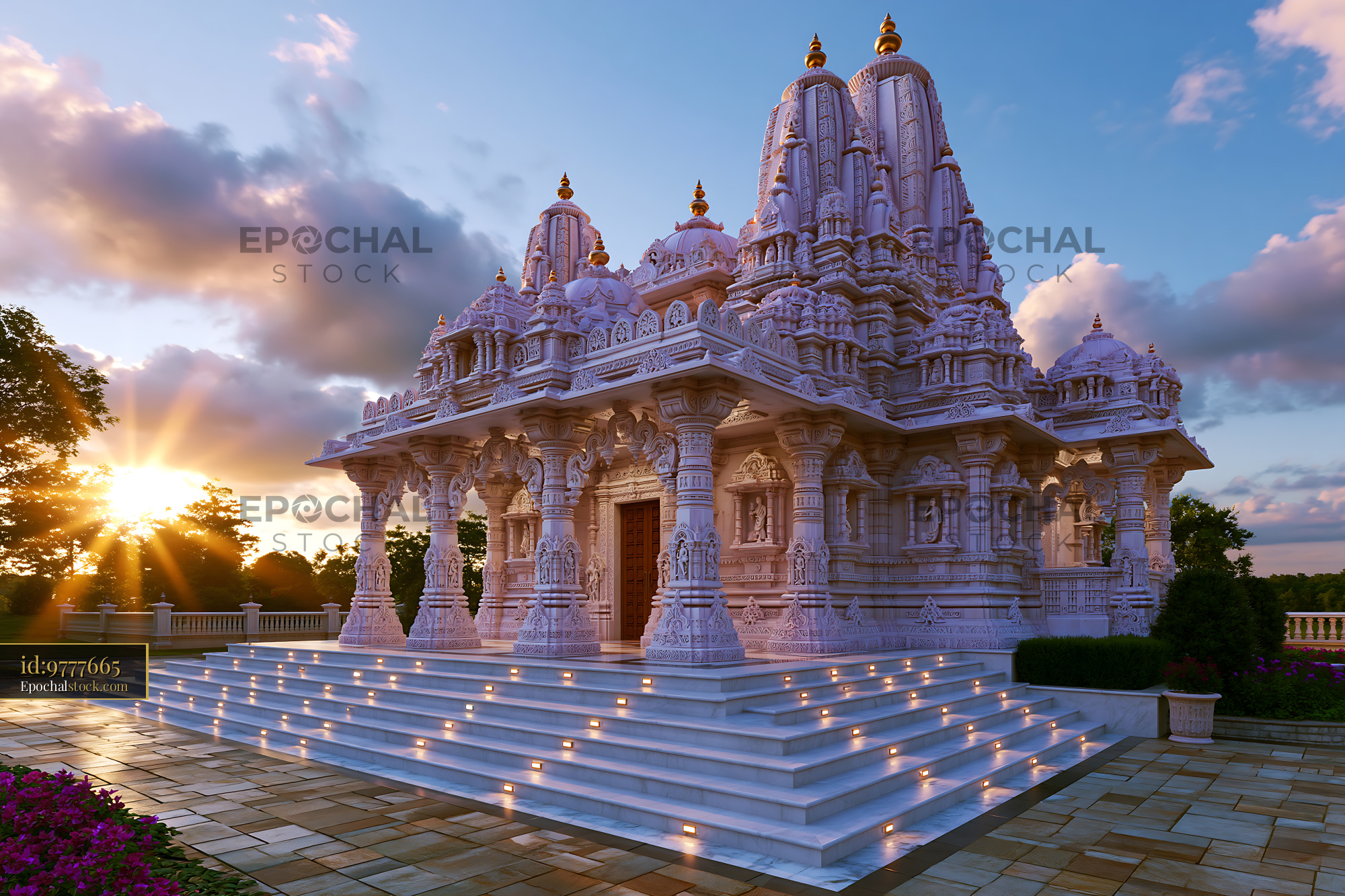 Watermarked full-resolution preview of Sunset view of intricate temple architecture with stone stairs