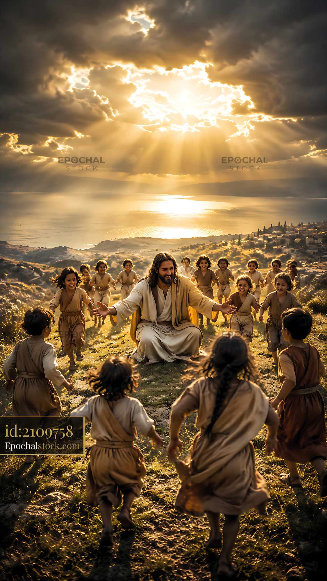Watermarked full-resolution preview of Children run towards a figure on a hillside at sunset