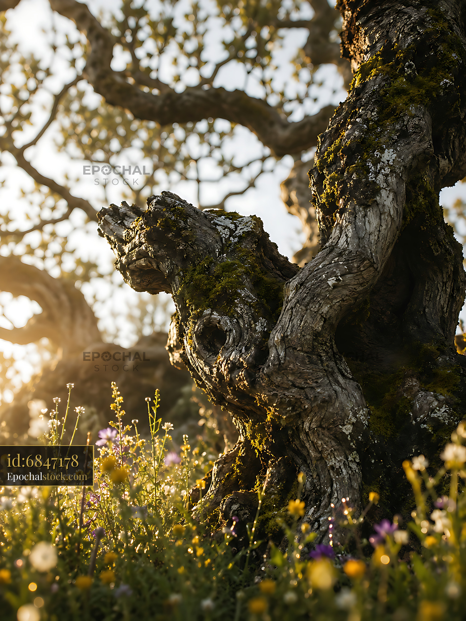 Watermarked full-resolution preview of Twisted tree trunk with flowers under warm sunlight