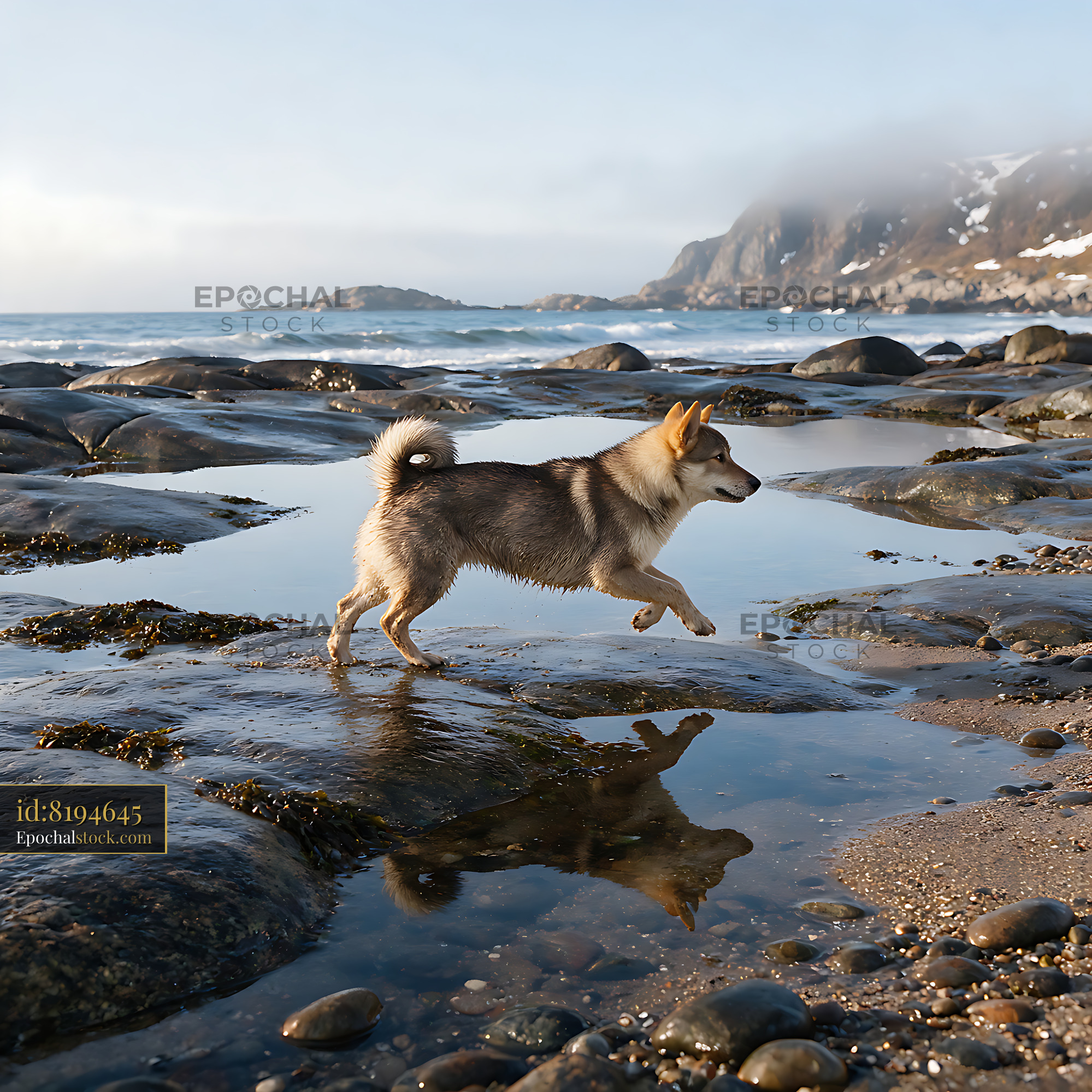 Watermarked full-resolution preview of Dog running through tidal pools on a rocky shore
